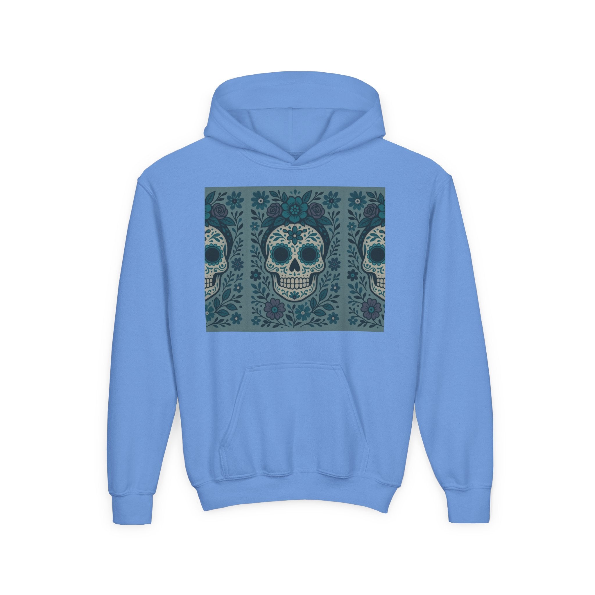 MOSiQ | Day of the Dead Sugar Skull Youth Hoodie | Day of the Dead Sweatshirt, Halloween Gift, Kids Pullover, Gothic Style, Unique Art Hoodie