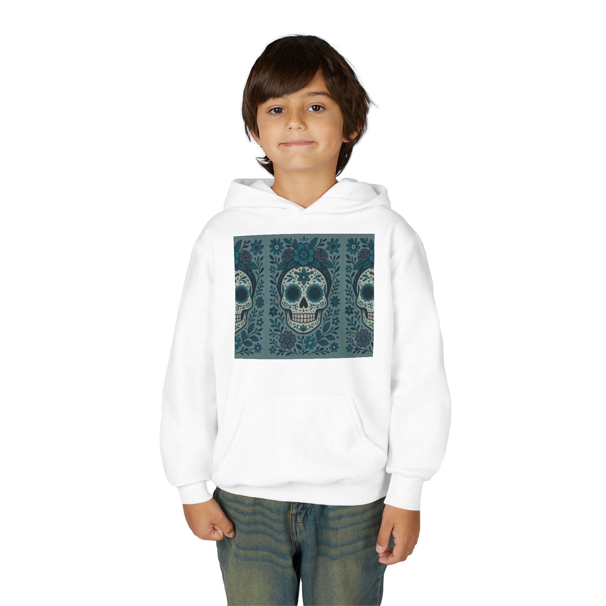 MOSiQ | Day of the Dead Sugar Skull Youth Hoodie | Day of the Dead Sweatshirt, Halloween Gift, Kids Pullover, Gothic Style, Unique Art Hoodie