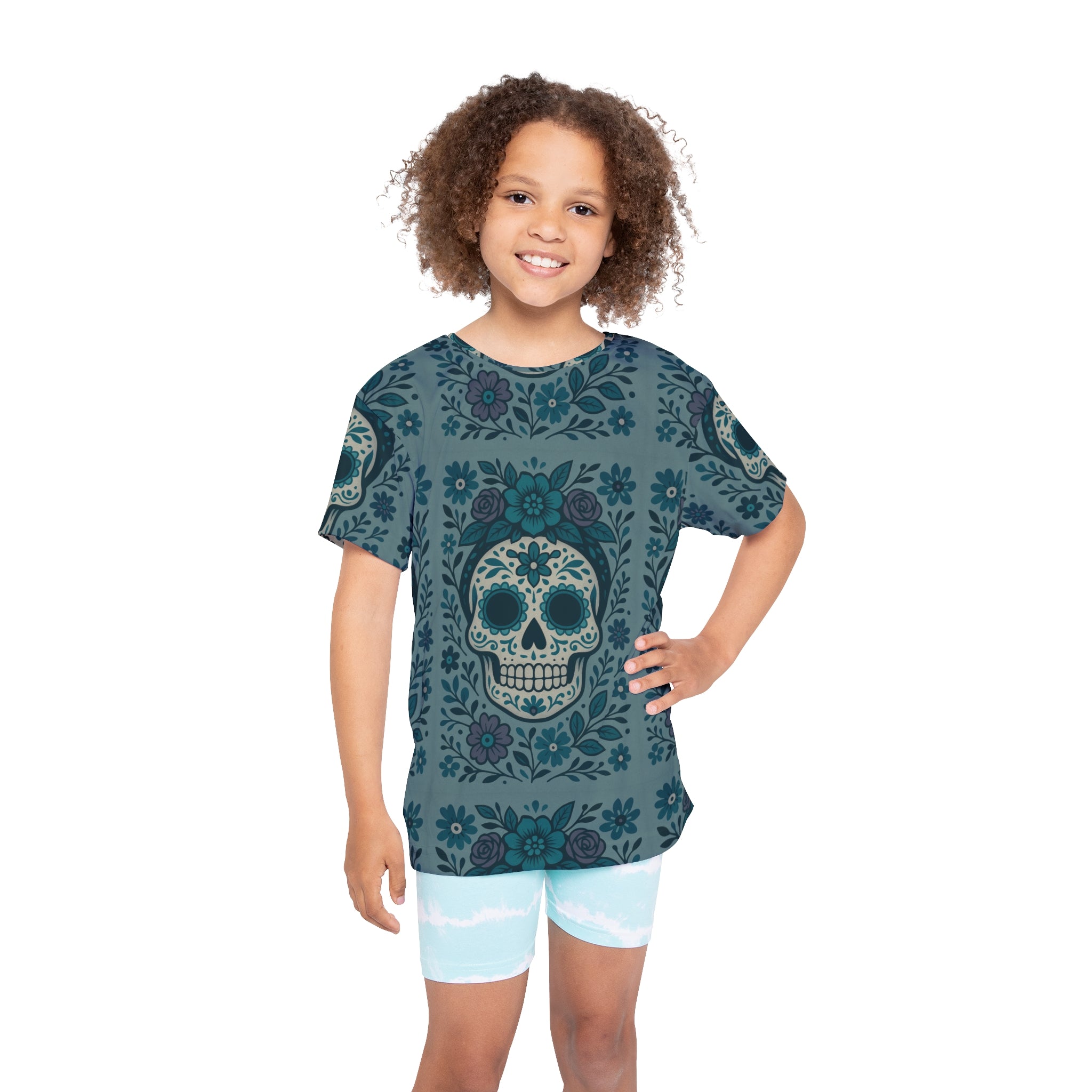 MOSiQ | Day of the Dead Skull Print Kids Jersey - Stylish Sportswear, Summer Play, Halloween Costume, Unique Gift, Trendy Kids Attire