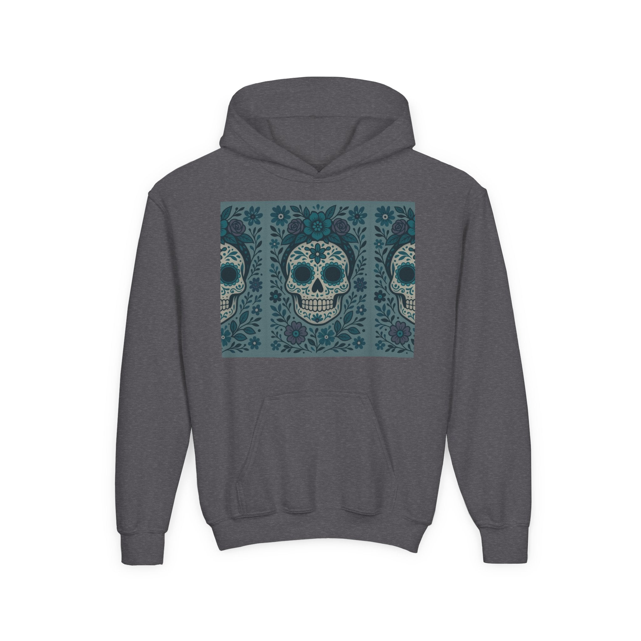 MOSiQ | Day of the Dead Sugar Skull Youth Hoodie | Day of the Dead Sweatshirt, Halloween Gift, Kids Pullover, Gothic Style, Unique Art Hoodie