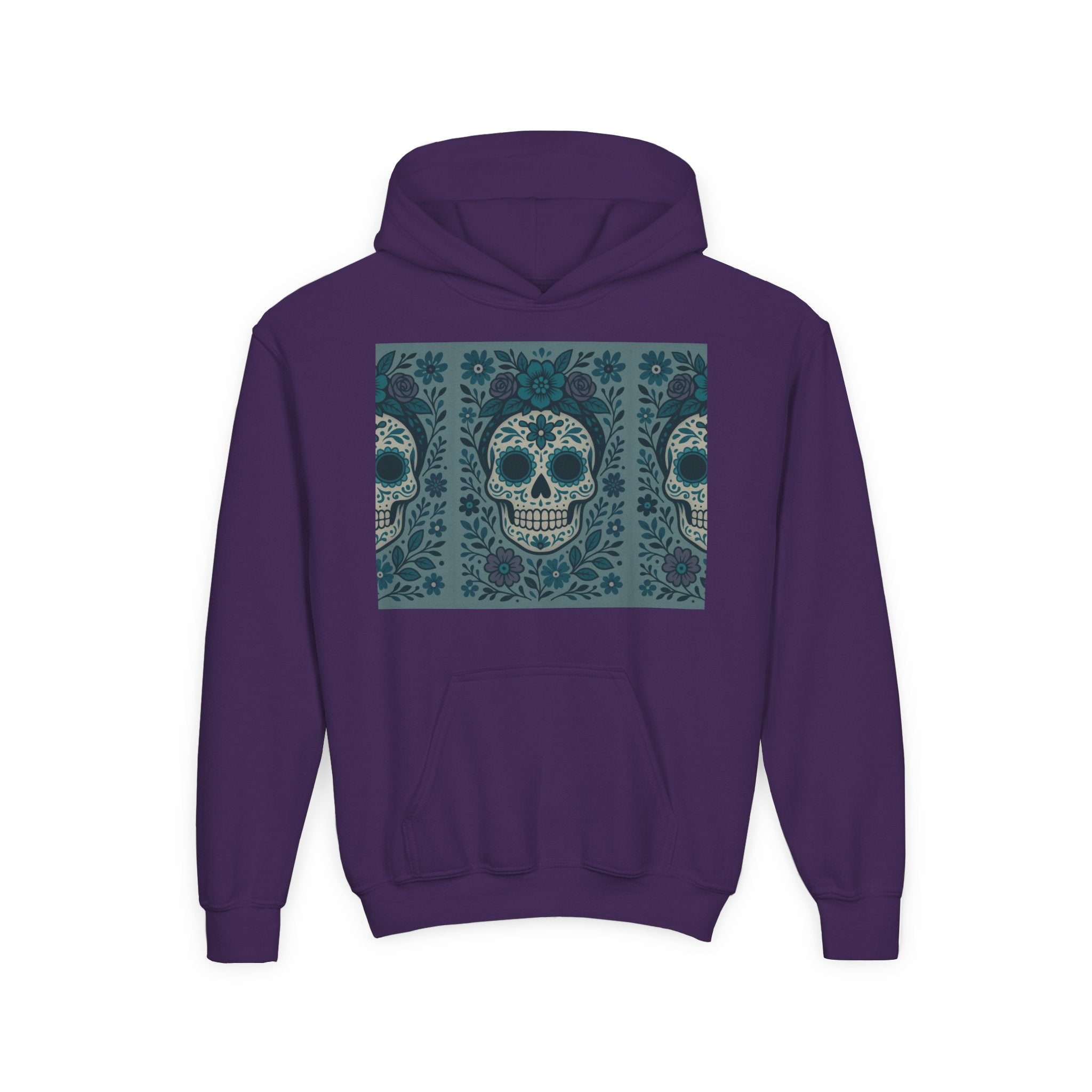 MOSiQ | Day of the Dead Sugar Skull Youth Hoodie | Day of the Dead Sweatshirt, Halloween Gift, Kids Pullover, Gothic Style, Unique Art Hoodie
