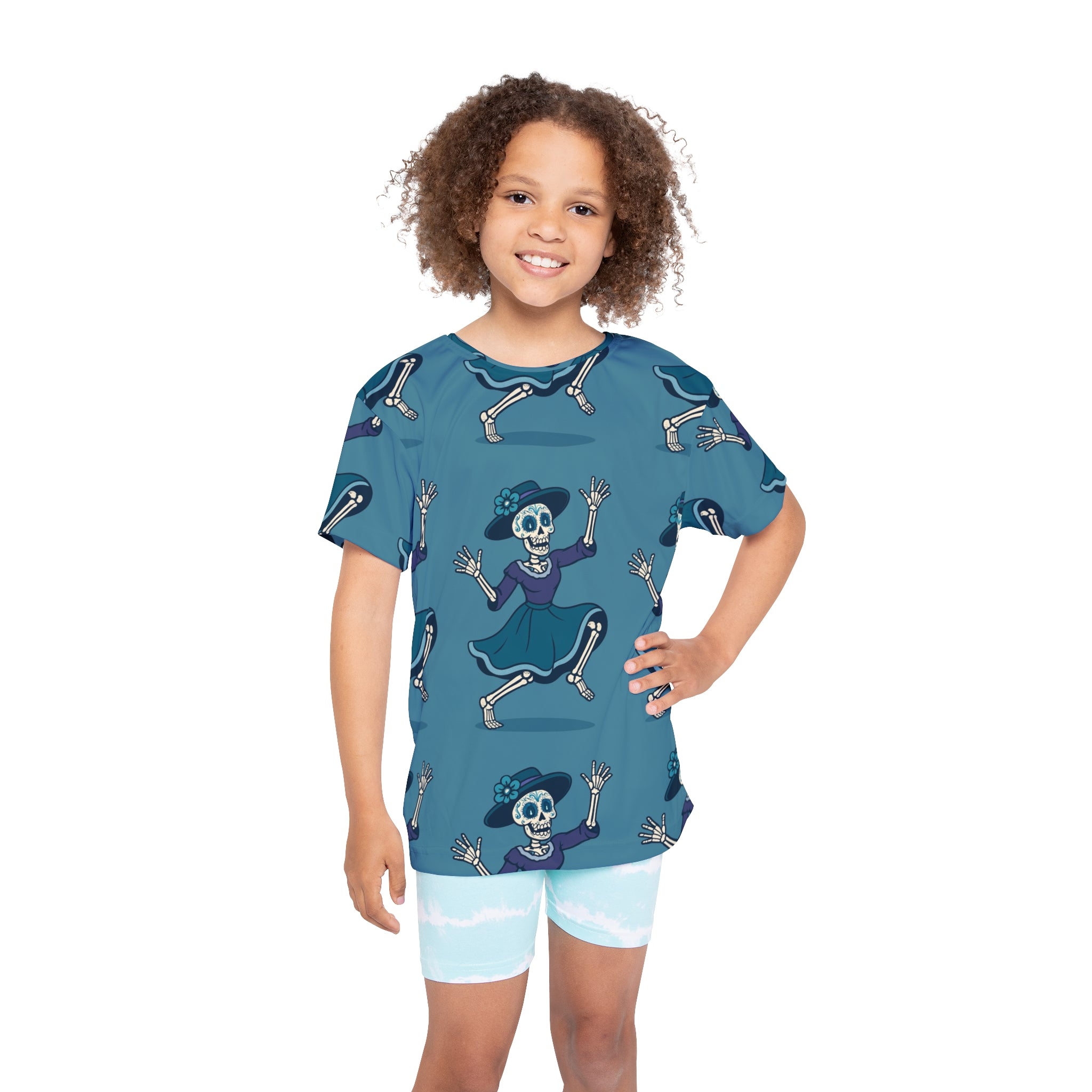 MOSiQ | Day of the Dead Kids Skeleton Sports Jersey, Fun Halloween T-Shirt, Unique Kids Apparel, Playful Costume Top, Skeleton Dance Shirt, Holiday Outfit