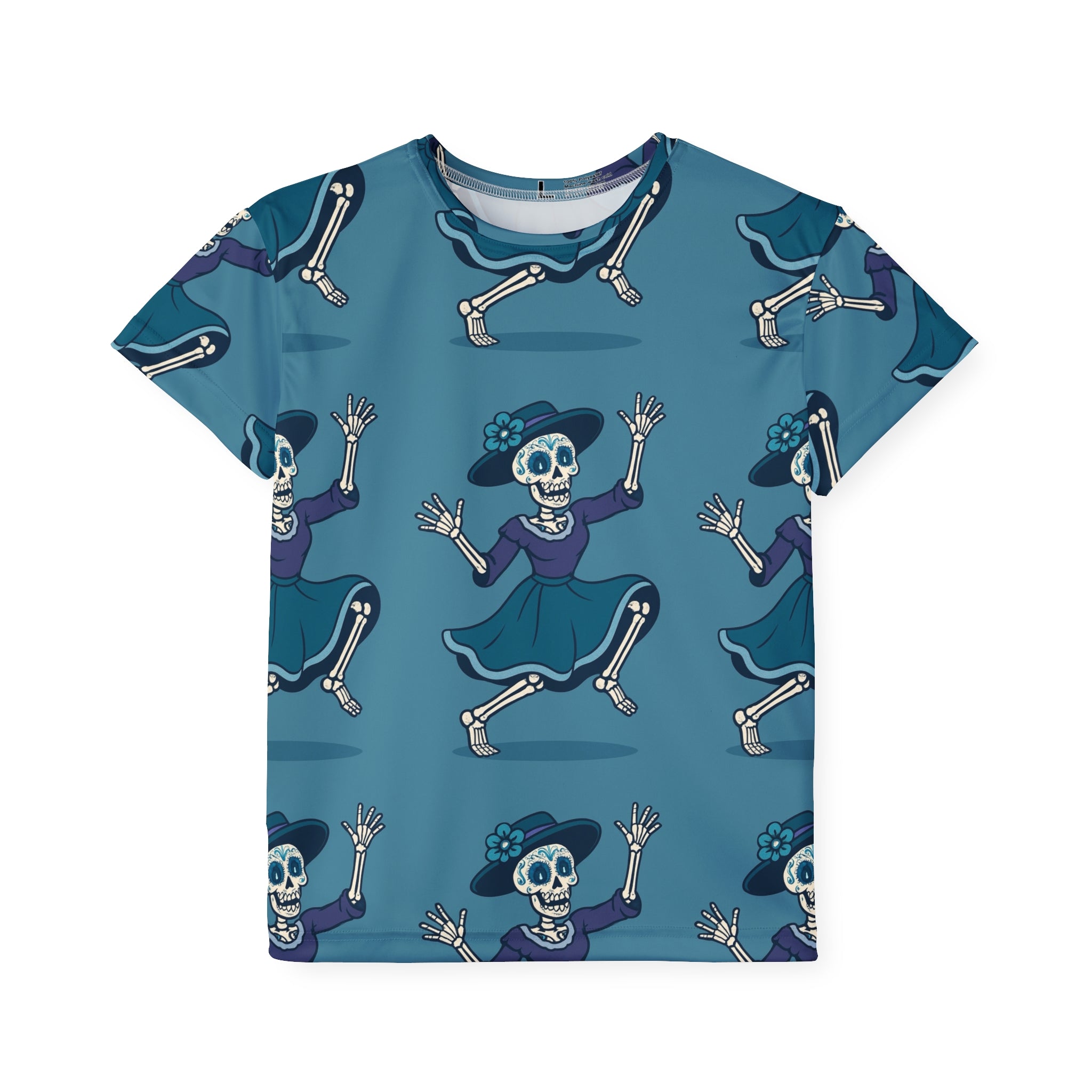 MOSiQ | Day of the Dead Kids Skeleton Sports Jersey, Fun Halloween T-Shirt, Unique Kids Apparel, Playful Costume Top, Skeleton Dance Shirt, Holiday Outfit