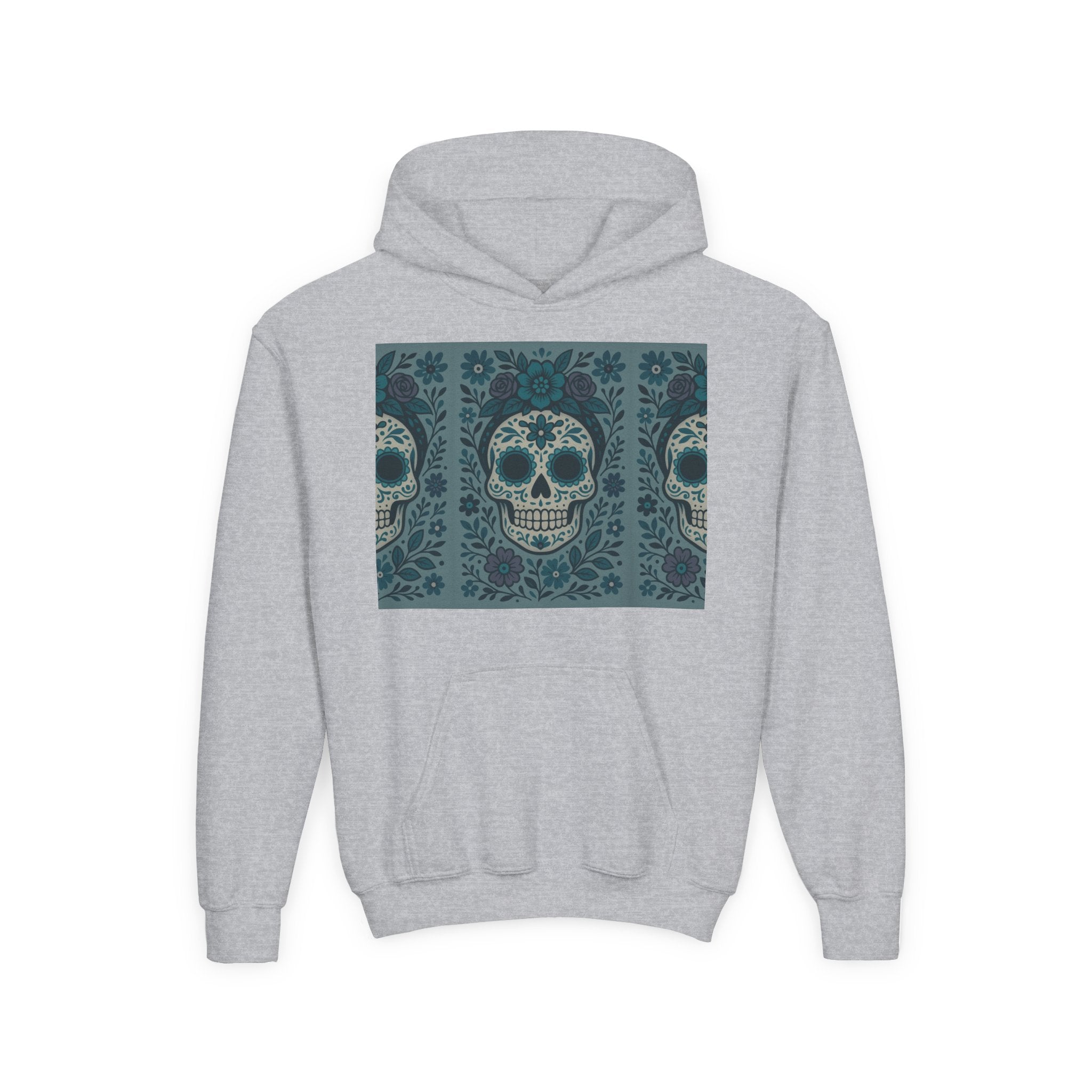 MOSiQ | Day of the Dead Sugar Skull Youth Hoodie | Day of the Dead Sweatshirt, Halloween Gift, Kids Pullover, Gothic Style, Unique Art Hoodie