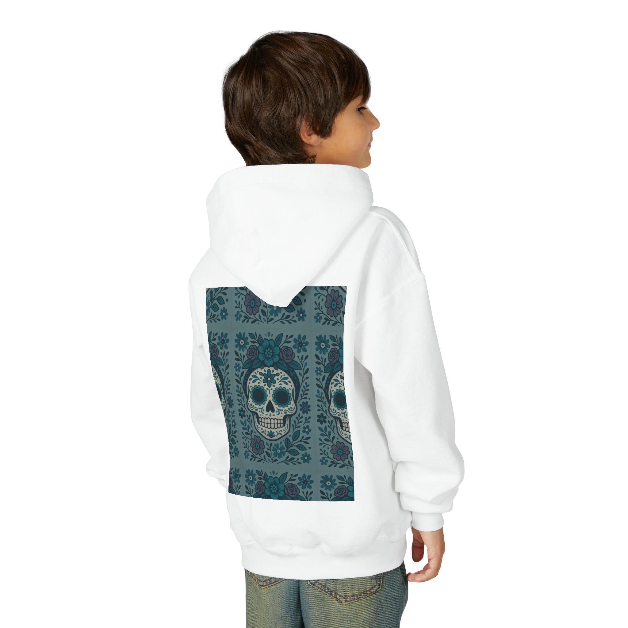 MOSiQ | Day of the Dead Sugar Skull Youth Hoodie | Day of the Dead Sweatshirt, Halloween Gift, Kids Pullover, Gothic Style, Unique Art Hoodie
