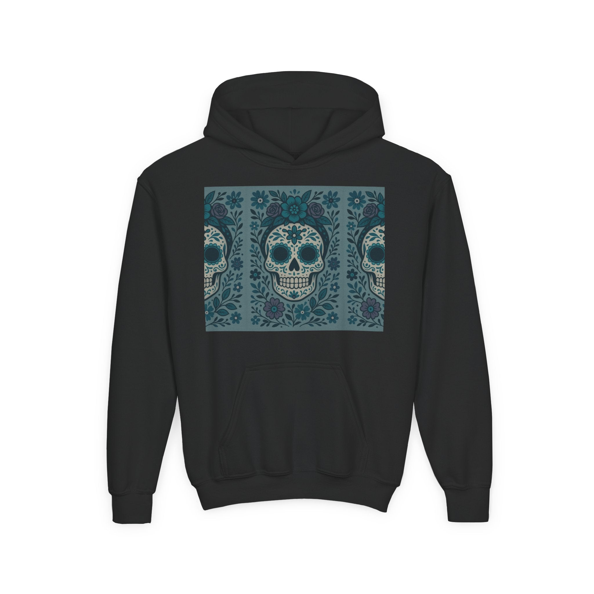 MOSiQ | Day of the Dead Sugar Skull Youth Hoodie | Day of the Dead Sweatshirt, Halloween Gift, Kids Pullover, Gothic Style, Unique Art Hoodie
