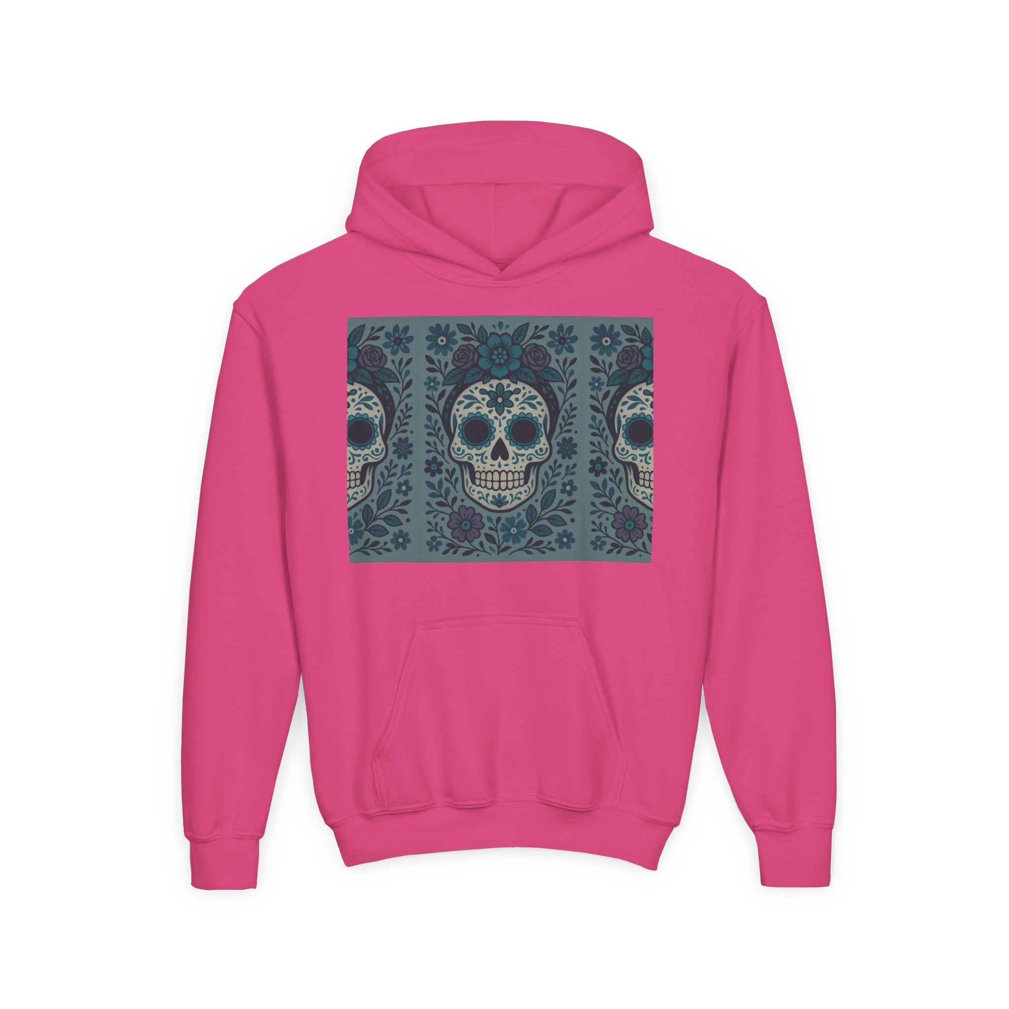 MOSiQ | Day of the Dead Sugar Skull Youth Hoodie | Day of the Dead Sweatshirt, Halloween Gift, Kids Pullover, Gothic Style, Unique Art Hoodie