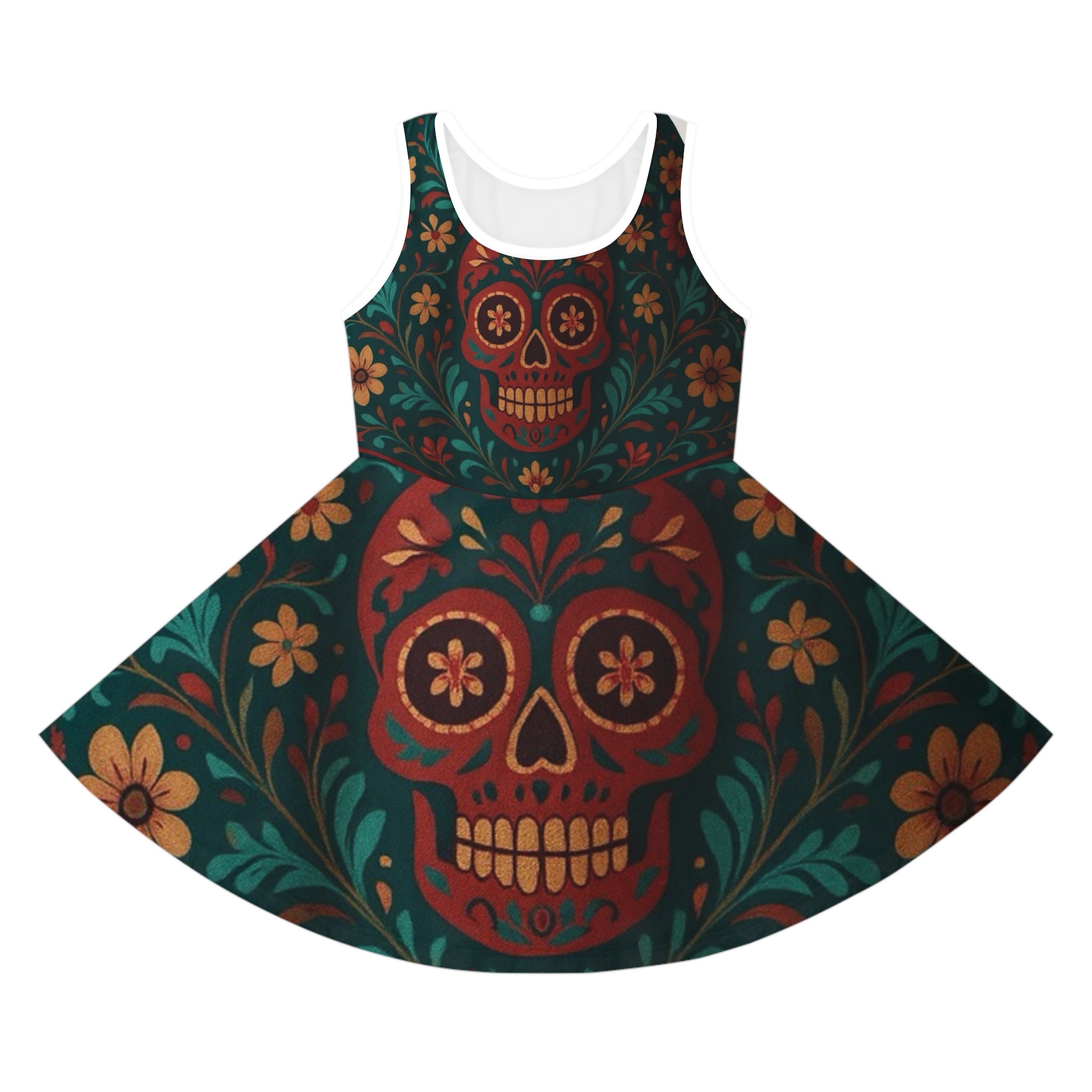 MOSIQ | Day of the Deadd Girls' Sundress, Colorful Skull Dress, Festival Dress, Summer Party Dress, Boho Chic Dress, Perfect for Halloween