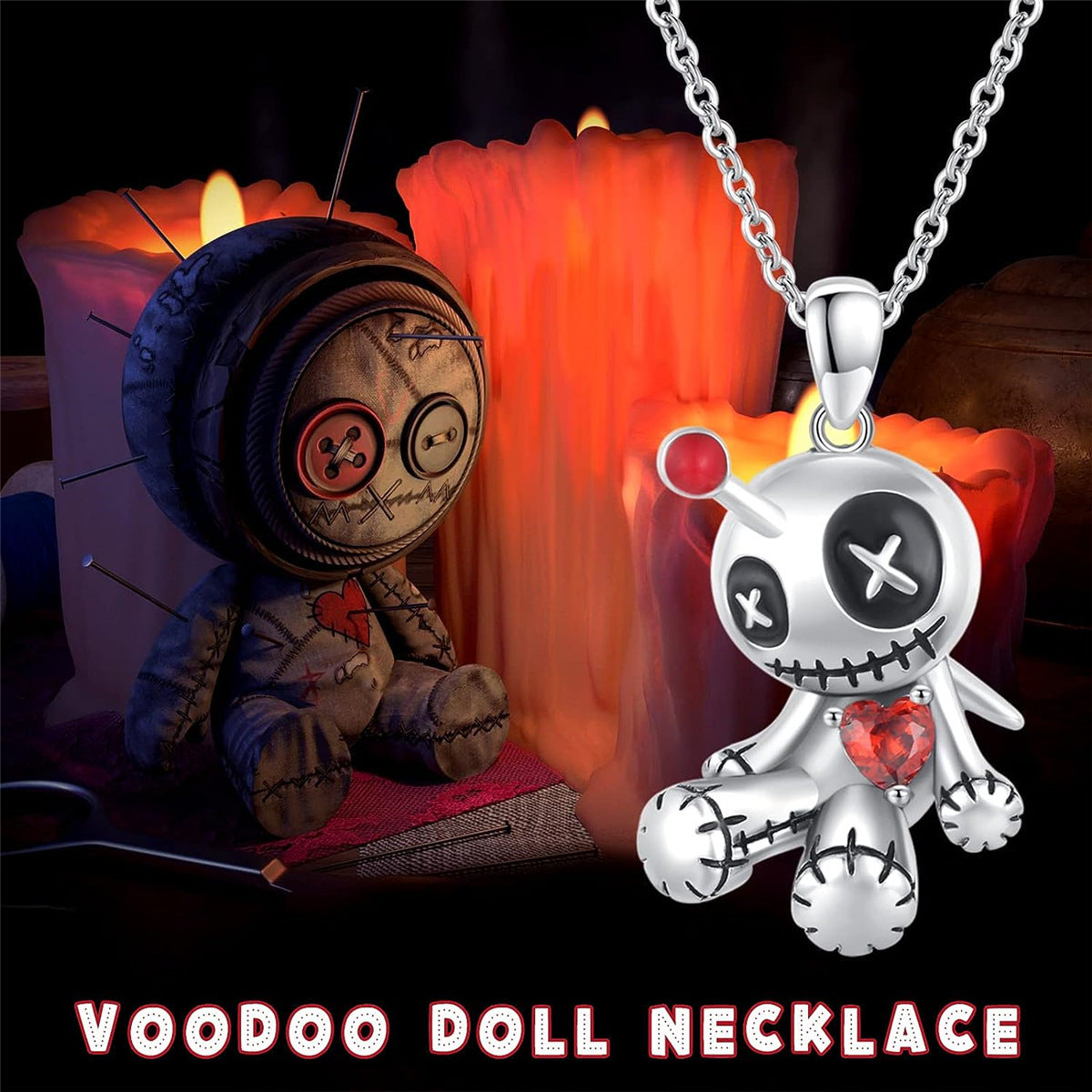 MOSiQ | Day of the Dead Cartoon Red Heart Voodoo Doll Necklace Halloween Personality Clavicle Necklace Fashion Jewelry Accessories