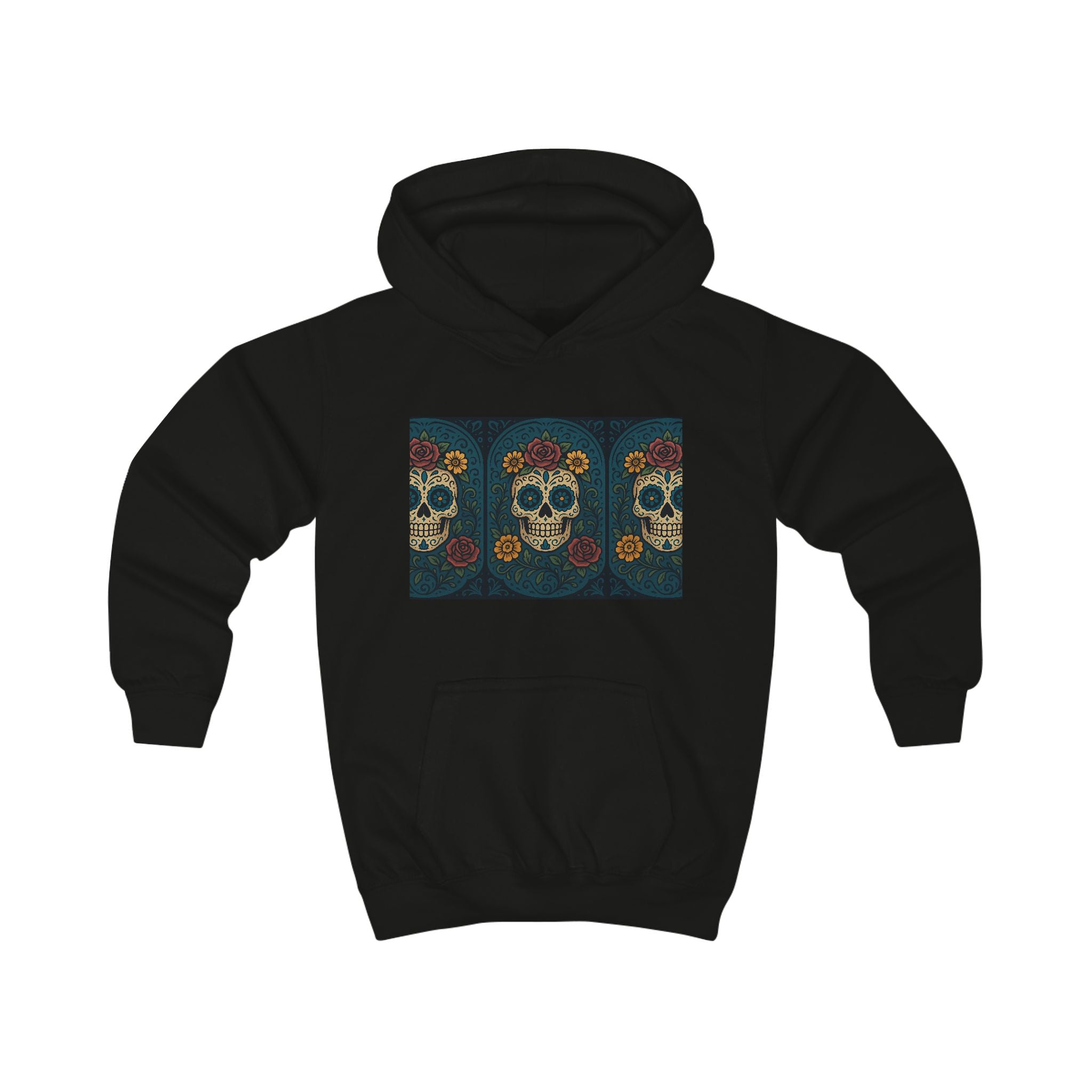 MOSiQ | Day of the Dead Kids Skull Costume Kids Hoodie with Floral Skull Design - Cute and Edgy Sweatshirt for Halloween, Birthdays, Everyday Wear, Unique Gift