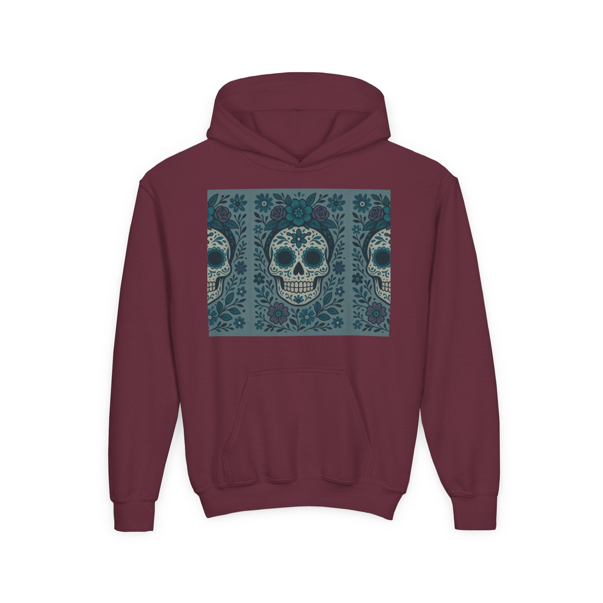 MOSiQ | Day of the Dead Sugar Skull Youth Hoodie | Day of the Dead Sweatshirt, Halloween Gift, Kids Pullover, Gothic Style, Unique Art Hoodie