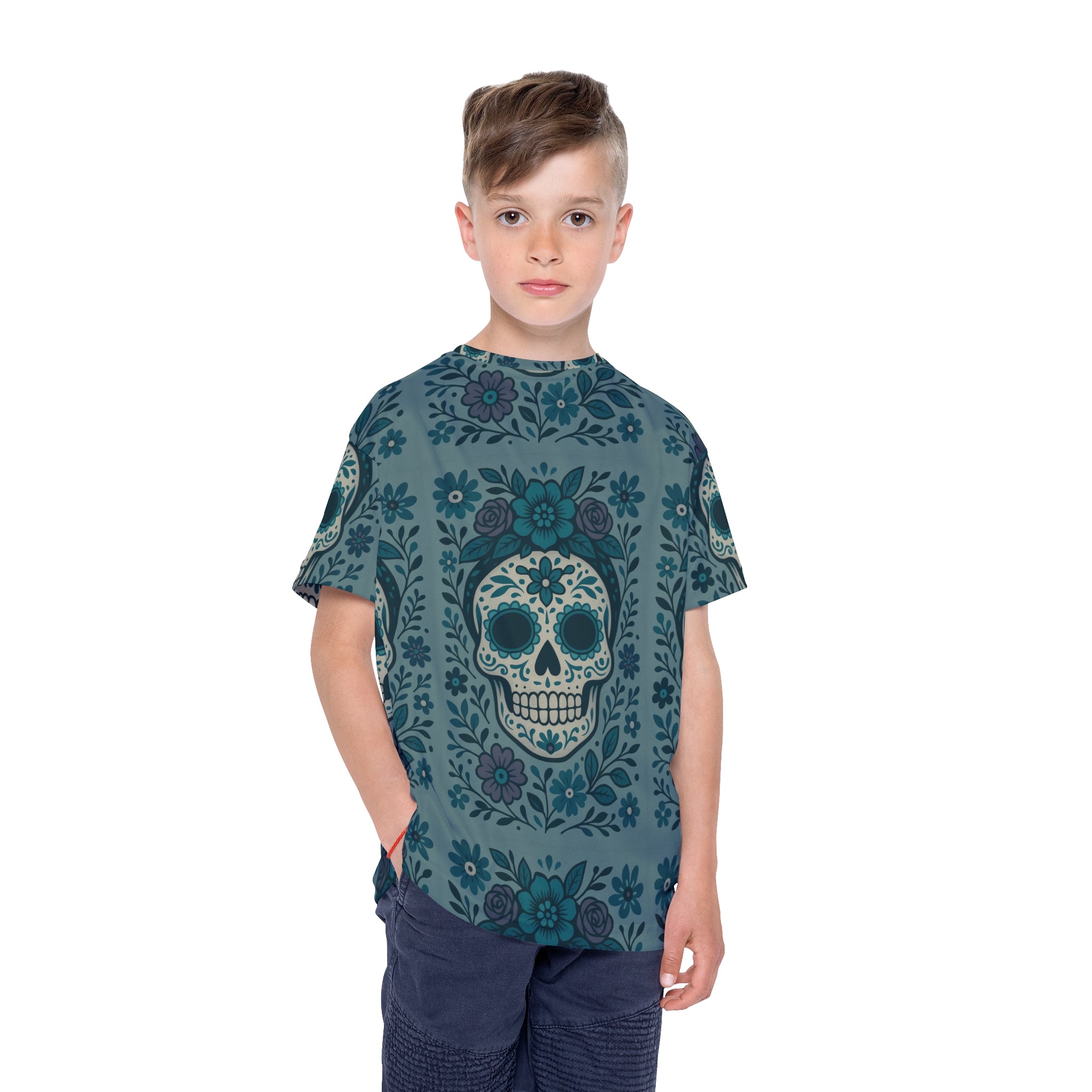 MOSiQ | Day of the Dead Skull Print Kids Jersey - Stylish Sportswear, Summer Play, Halloween Costume, Unique Gift, Trendy Kids Attire