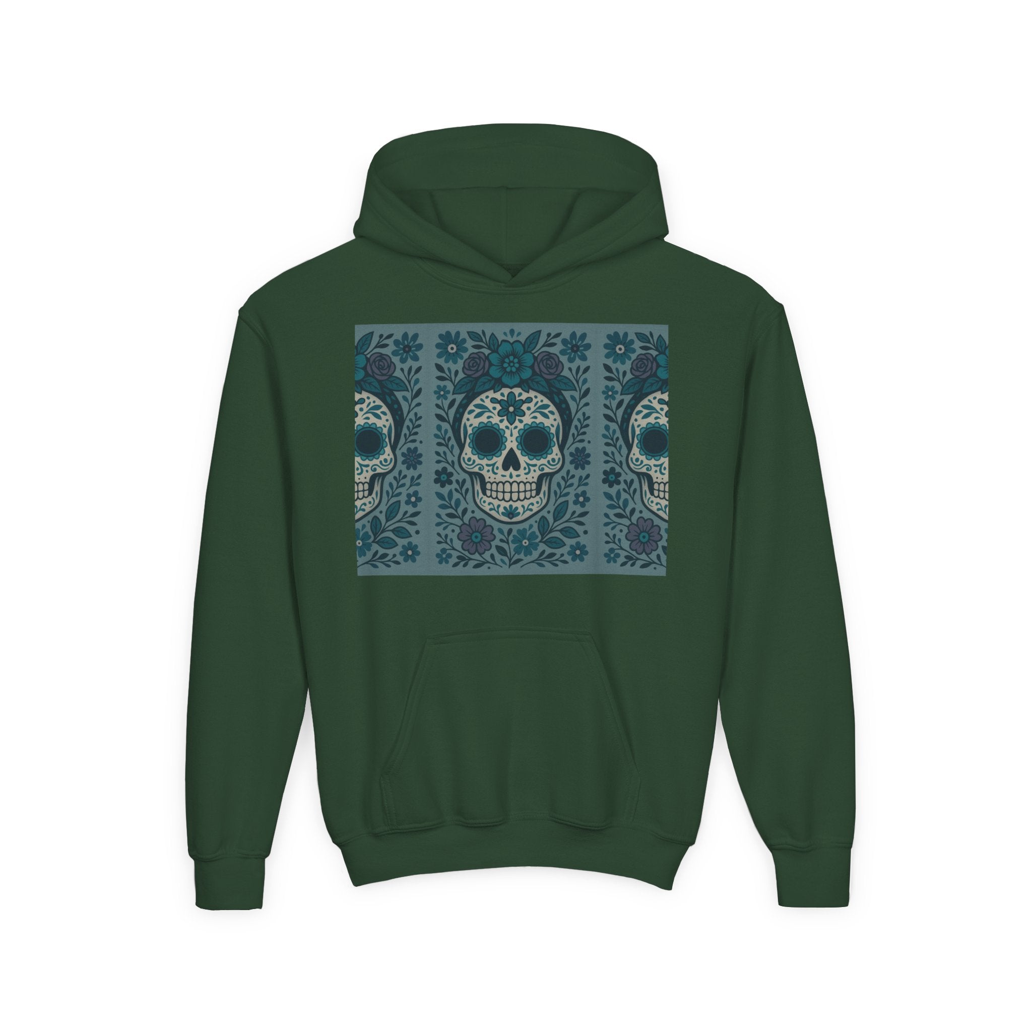 MOSiQ | Day of the Dead Sugar Skull Youth Hoodie | Day of the Dead Sweatshirt, Halloween Gift, Kids Pullover, Gothic Style, Unique Art Hoodie