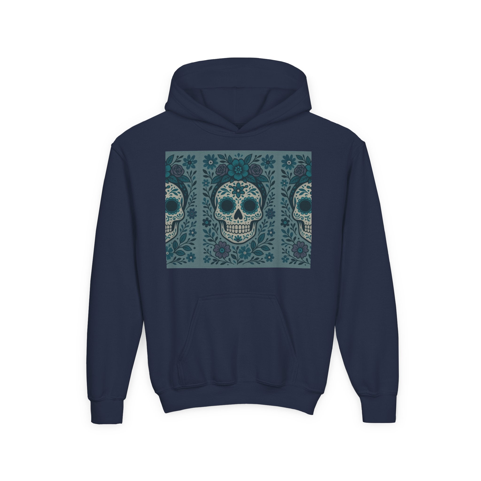 MOSiQ | Day of the Dead Sugar Skull Youth Hoodie | Day of the Dead Sweatshirt, Halloween Gift, Kids Pullover, Gothic Style, Unique Art Hoodie