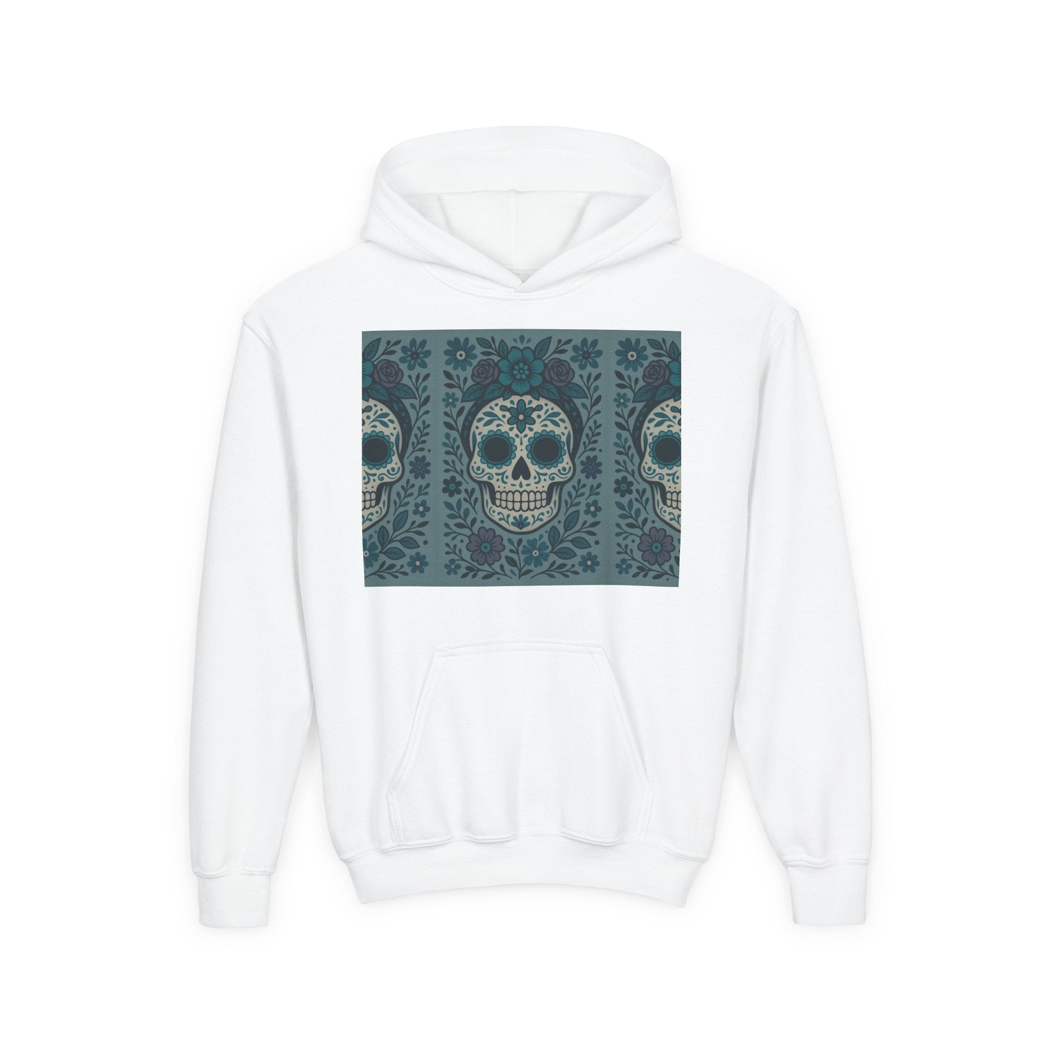 MOSiQ | Day of the Dead Sugar Skull Youth Hoodie | Day of the Dead Sweatshirt, Halloween Gift, Kids Pullover, Gothic Style, Unique Art Hoodie