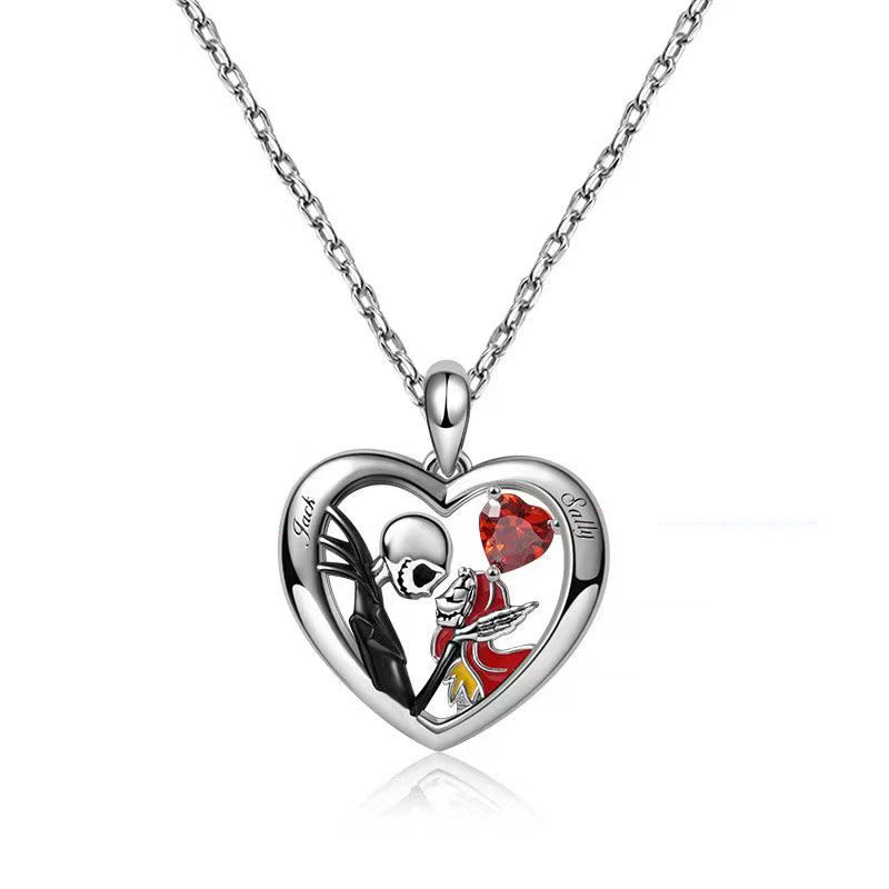 MOSiQ | Day of the Dead Halloween Heart-shaped Skull Necklace With Rhinestones Couple Love Clavicle Necklace Men And Women Jewelry Accessories