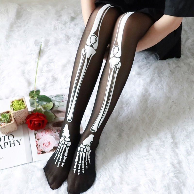 MOSiQ | Day of the Dead Halloween Black Bone Skeleton Pantyhose