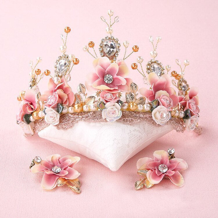 MOSiC | Day of the Dead Sweet Pink Bride Handmade Beaded Lace Tiara Corone Crown Ceramic Flower Hair Headdress