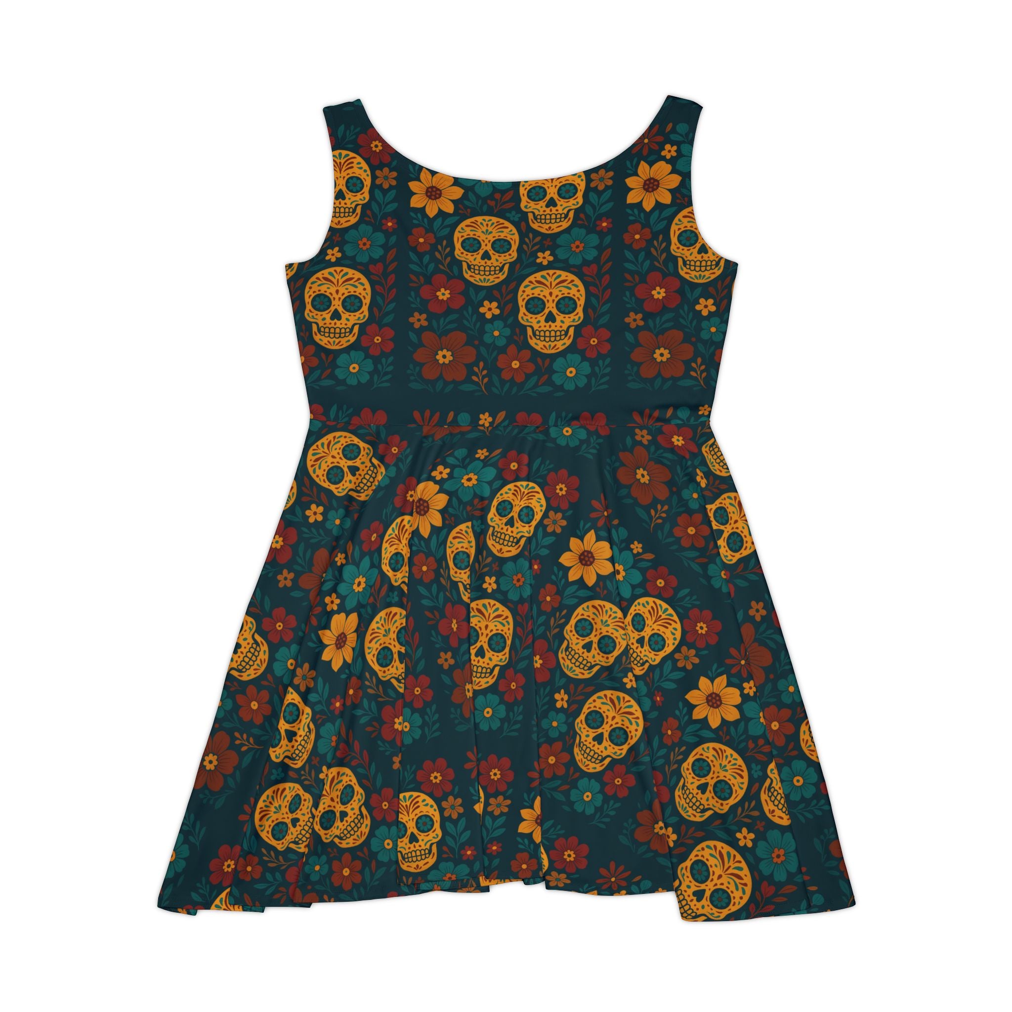 MOSiQ Day of the Dead Skater Dress - Floral Skull Print, Casual Fashion, Halloween Party Dress, Festival Outfit, Bohemian Style
