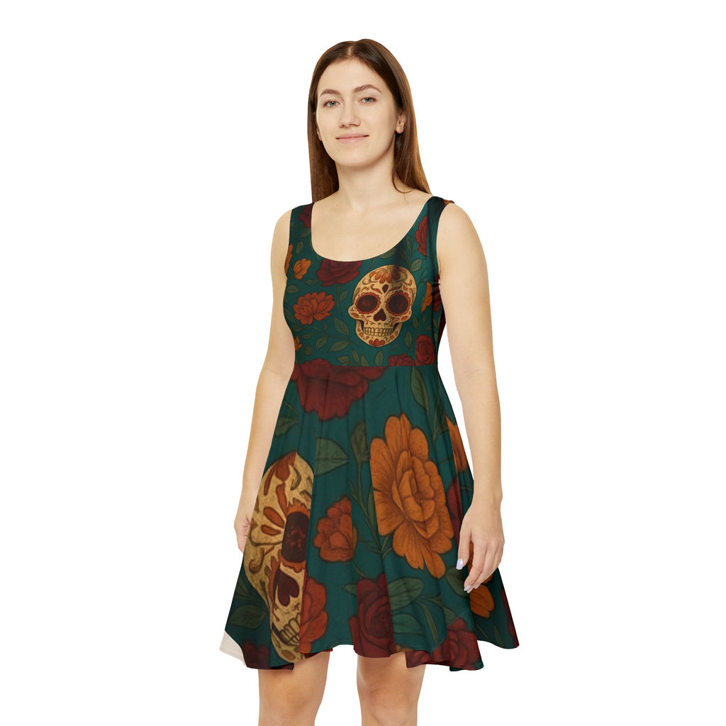 MOSIQ | Day of the Dead Skull Floral Women's Skater Dress, Casual Summer Dress, Boho Style Dress, Festival Outfit, Halloween Dress, AOP Fashion