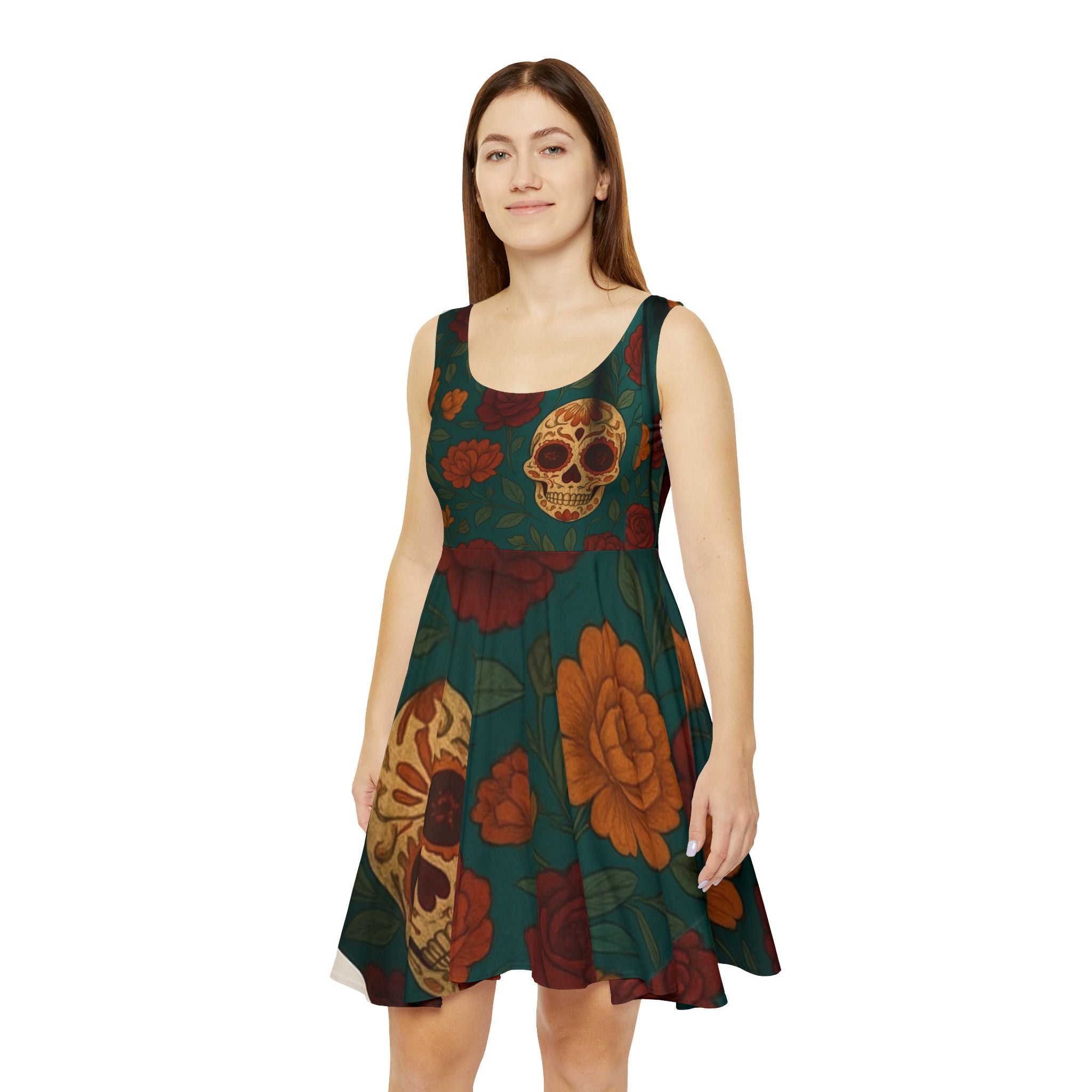 MOSIQ | Day of the Dead Skull Floral Women's Skater Dress, Casual Summer Dress, Boho Style Dress, Festival Outfit, Halloween Dress, AOP Fashion