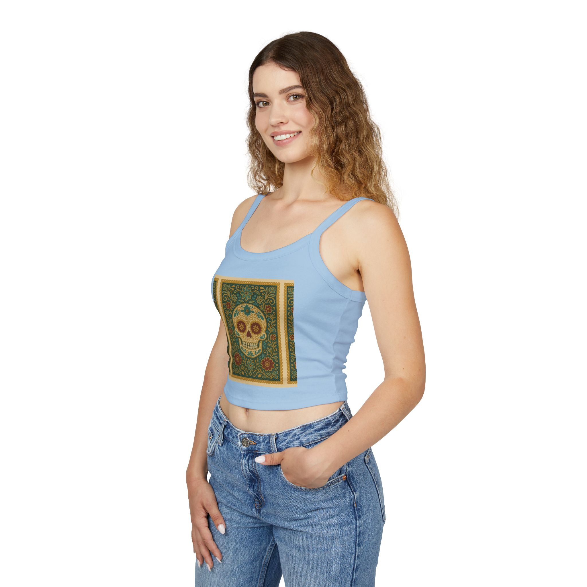 MOSiQ Day of the Dead Skull Tank Top, Women's Spaghetti Strap Top for Festivals, Summer Vibes, Day of the Dead, Casual Wear, Unique Graphic Tee
