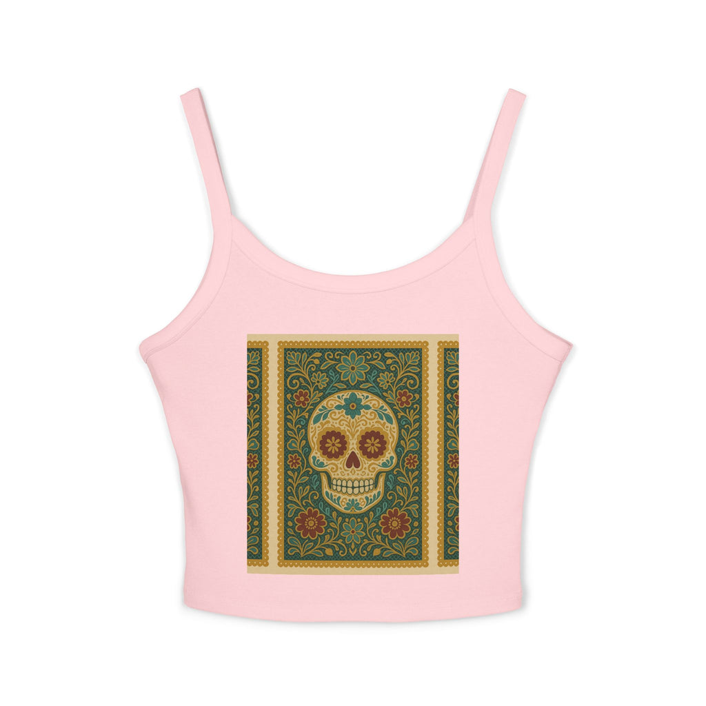 MOSiQ Day of the Dead Skull Tank Top, Women's Spaghetti Strap Top for Festivals, Summer Vibes, Day of the Dead, Casual Wear, Unique Graphic Tee