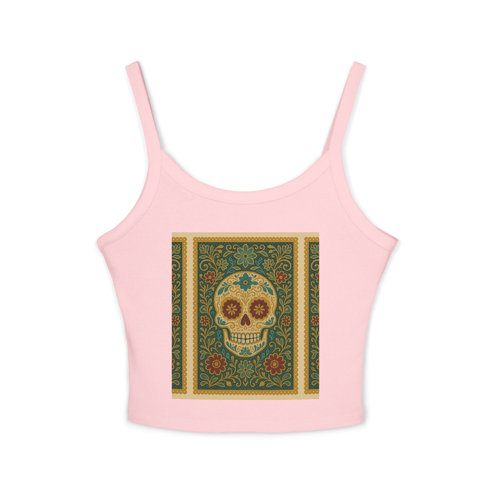 MOSiQ Day of the Dead Skull Tank Top, Women's Spaghetti Strap Top for Festivals, Summer Vibes, Day of the Dead, Casual Wear, Unique Graphic Tee