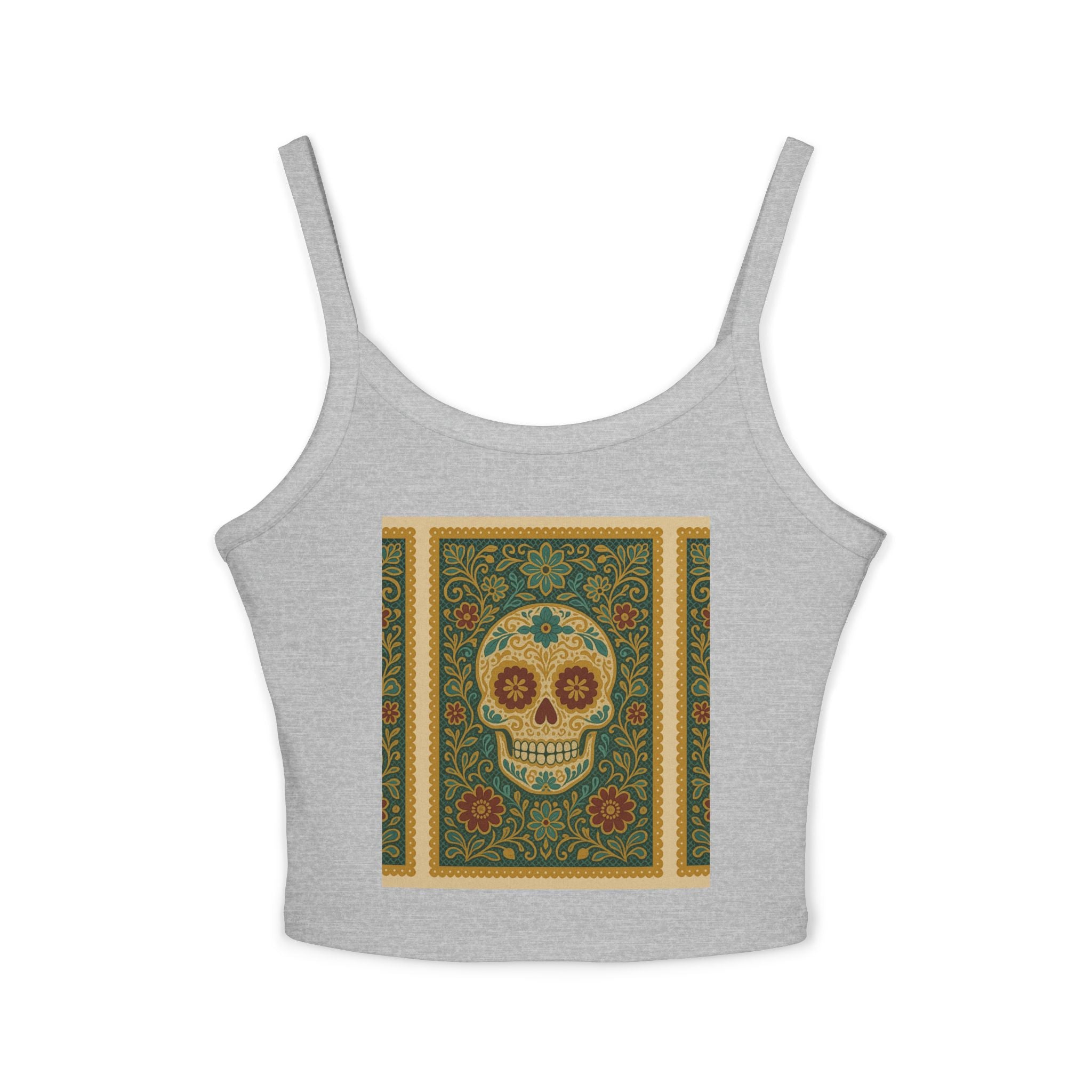 MOSiQ Day of the Dead Skull Tank Top, Women's Spaghetti Strap Top for Festivals, Summer Vibes, Day of the Dead, Casual Wear, Unique Graphic Tee