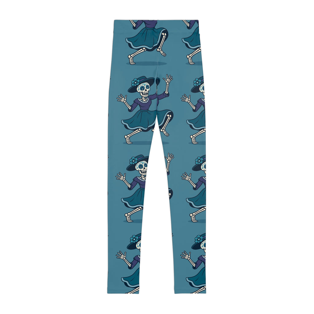 MOSIQ Day of the Dead Skeleton Youth Leggings, Cute Halloween Pants for Kids, Fun AOP Activewear, Gift for Spooky Season, Stylish Dance Wear