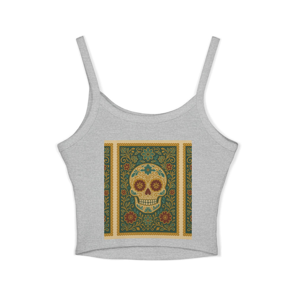 MOSiQ Day of the Dead Skull Tank Top, Women's Spaghetti Strap Top for Festivals, Summer Vibes, Day of the Dead, Casual Wear, Unique Graphic Tee
