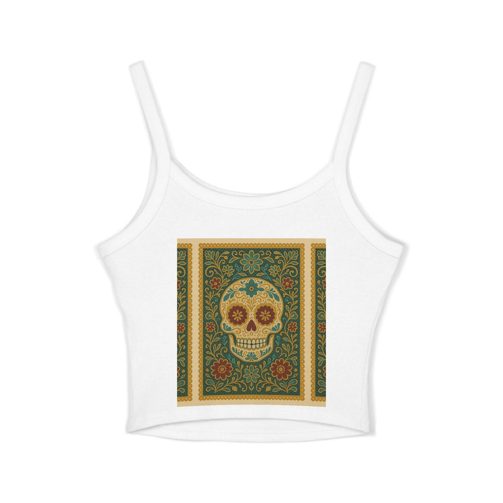 MOSiQ Day of the Dead Skull Tank Top, Women's Spaghetti Strap Top for Festivals, Summer Vibes, Day of the Dead, Casual Wear, Unique Graphic Tee