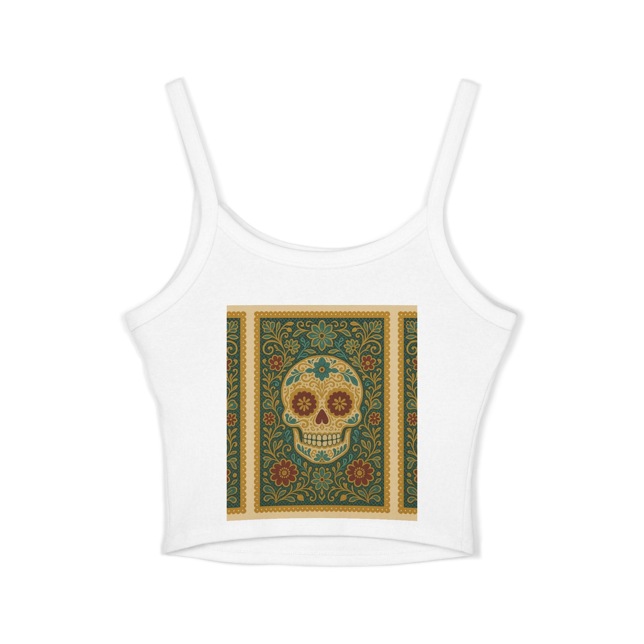 MOSiQ Day of the Dead Skull Tank Top, Women's Spaghetti Strap Top for Festivals, Summer Vibes, Day of the Dead, Casual Wear, Unique Graphic Tee