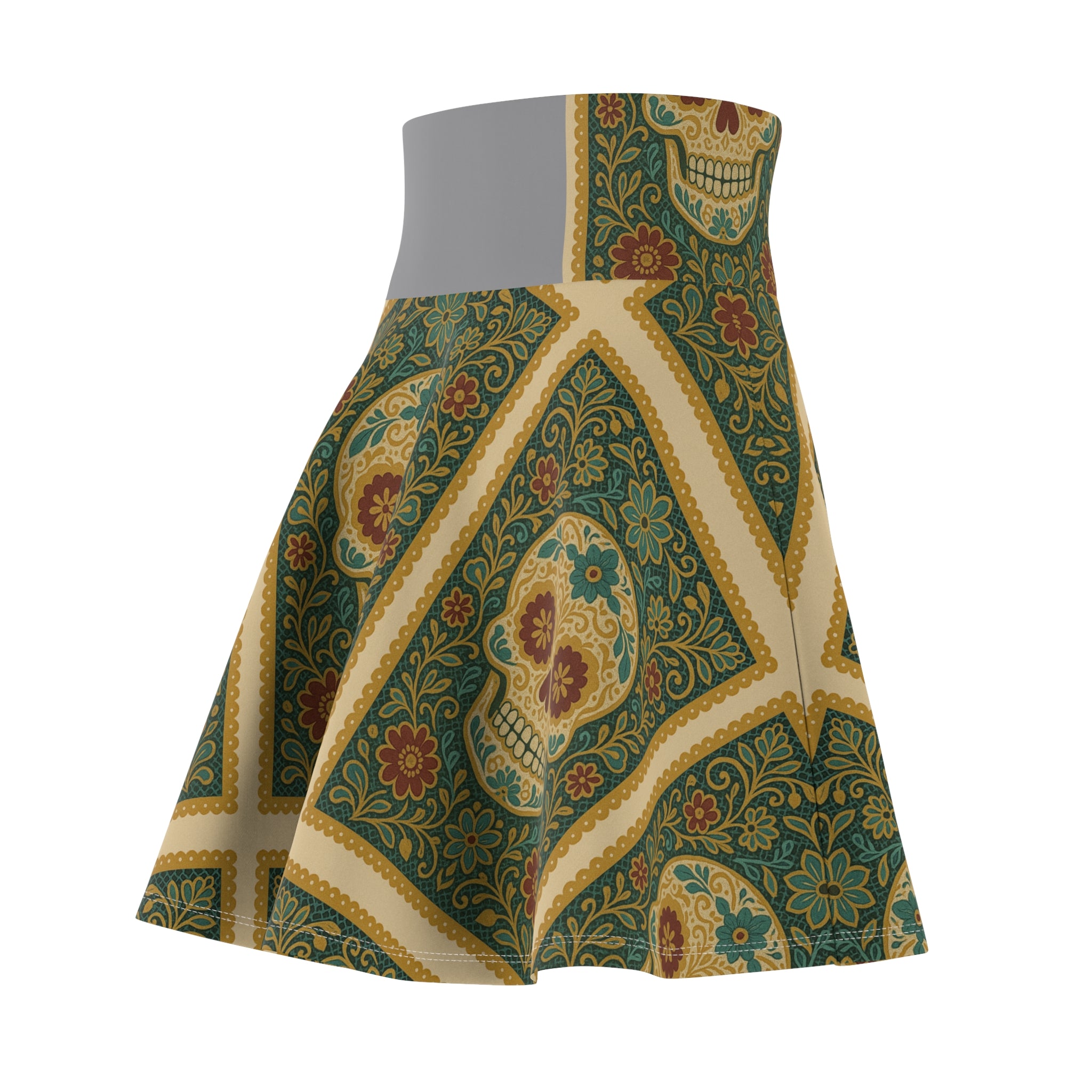 MOSiQ | Day of the Dead Skull Print Skater Skirt, Festival Outfit, Day of the Dead Fashion, Vintage Style Skirt, Unique Summer Clothing, Alternative Fashion