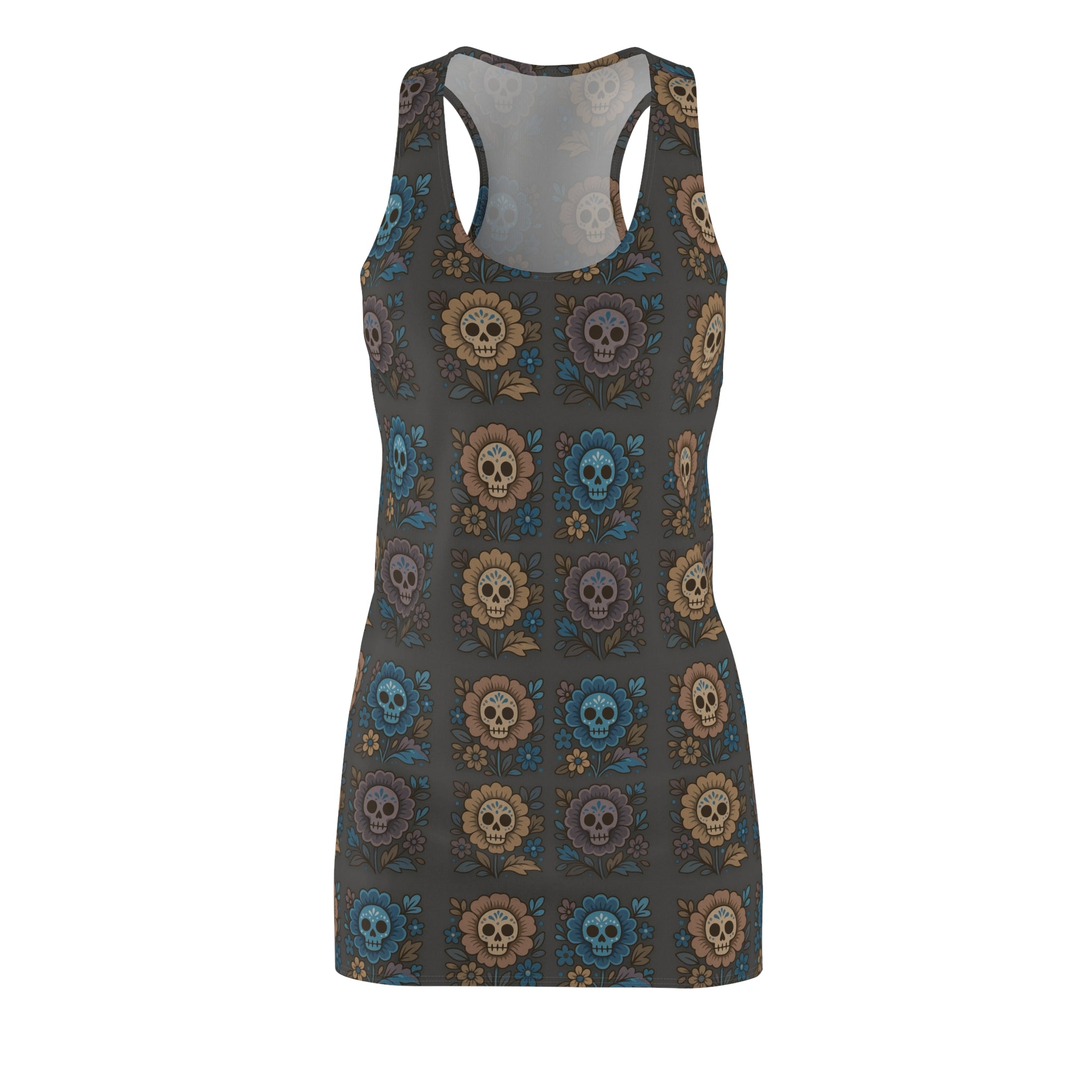 MOSIQ | Day of the Dead Floral Racerback Dress, Unique Summer Dress, Festival Fashion, Casual Wear, Beach Outfit, Gothic Clothing