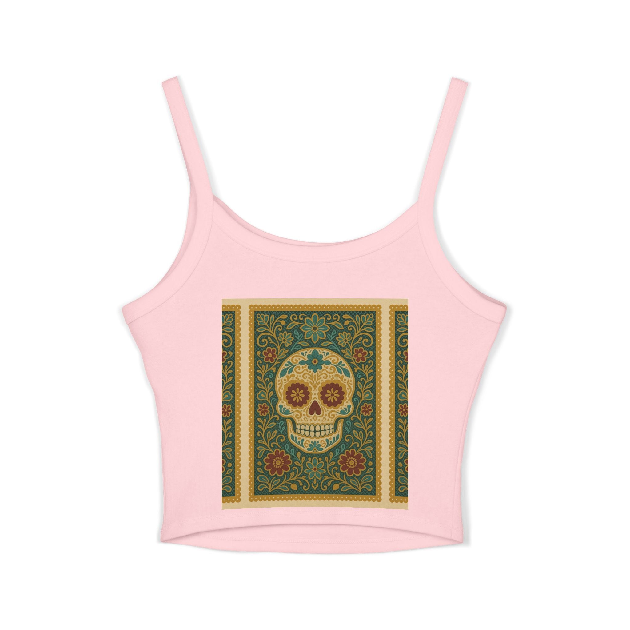 MOSiQ Day of the Dead Skull Tank Top, Women's Spaghetti Strap Top for Festivals, Summer Vibes, Day of the Dead, Casual Wear, Unique Graphic Tee