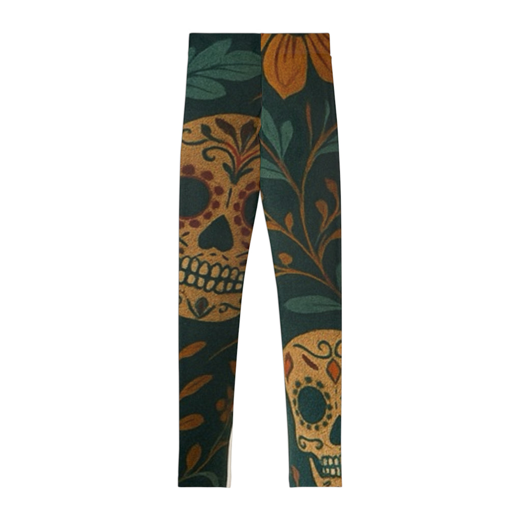 MOSIQ | Day of the Dead Youth Leggings with Floral Skull Design, Trendy Activewear for Kids, Perfect for Halloween, Dance Class, Casual Wear, Unique Gift