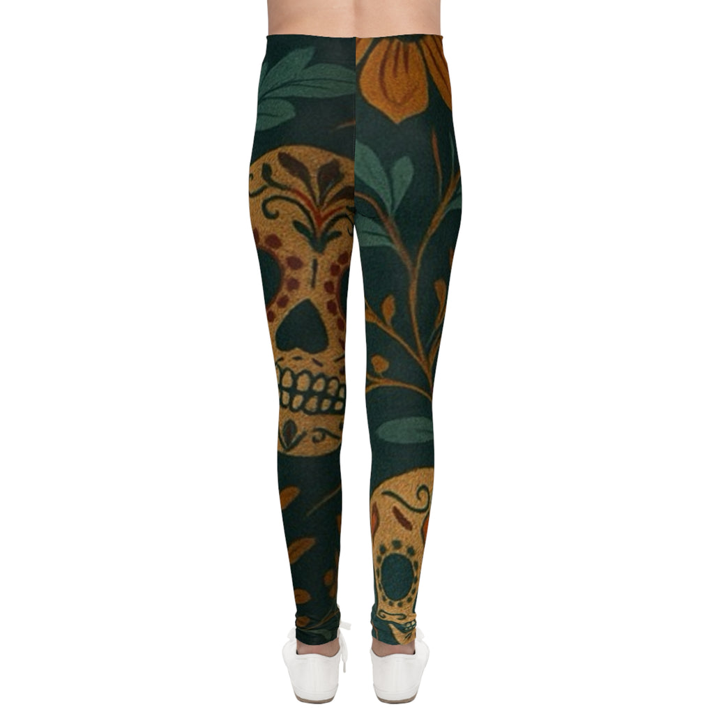 MOSIQ | Day of the Dead Youth Leggings with Floral Skull Design, Trendy Activewear for Kids, Perfect for Halloween, Dance Class, Casual Wear, Unique Gift