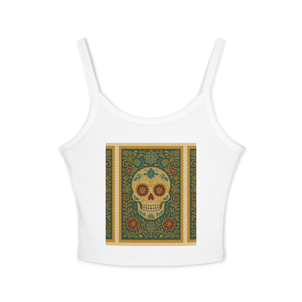MOSiQ Day of the Dead Skull Tank Top, Women's Spaghetti Strap Top for Festivals, Summer Vibes, Day of the Dead, Casual Wear, Unique Graphic Tee