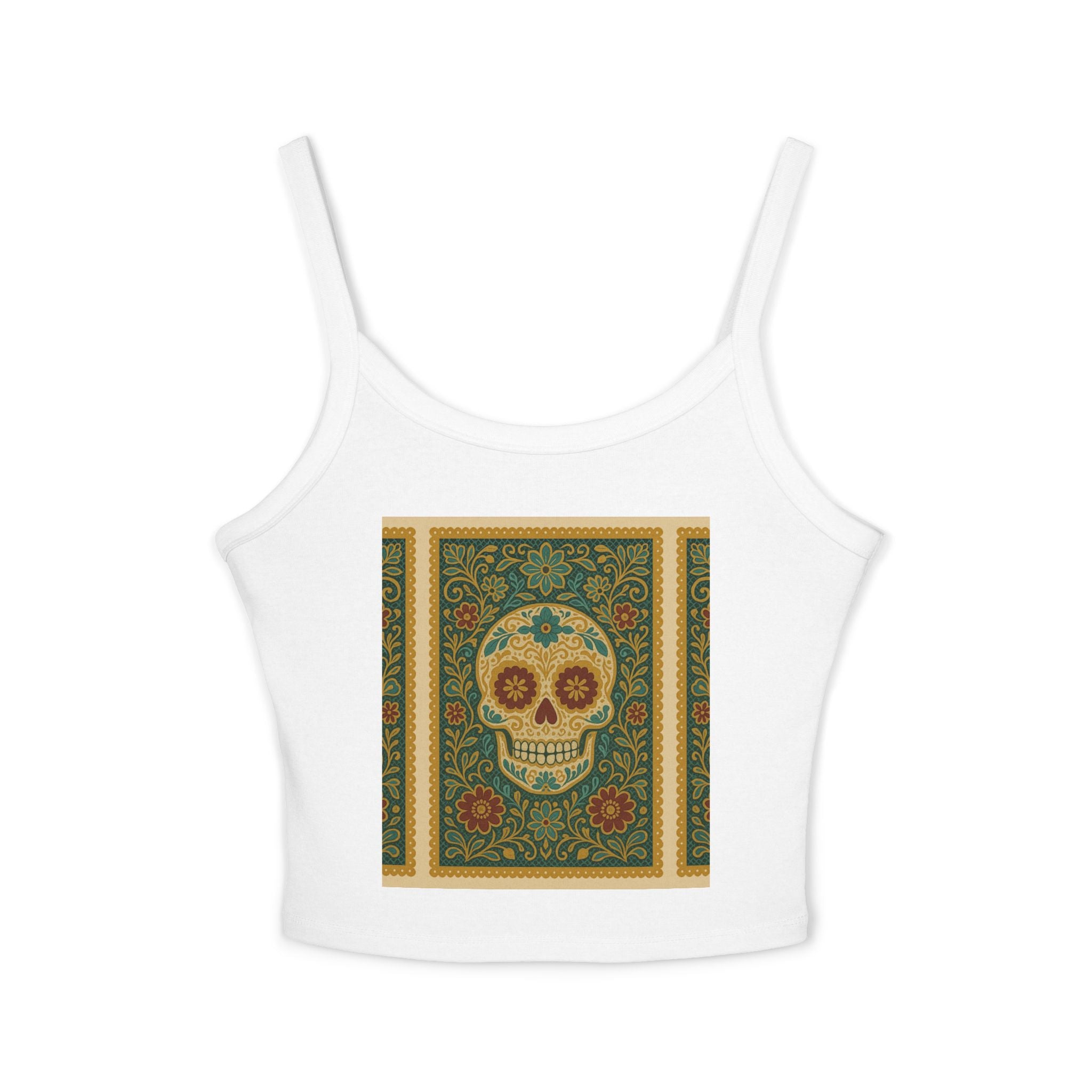 MOSiQ Day of the Dead Skull Tank Top, Women's Spaghetti Strap Top for Festivals, Summer Vibes, Day of the Dead, Casual Wear, Unique Graphic Tee