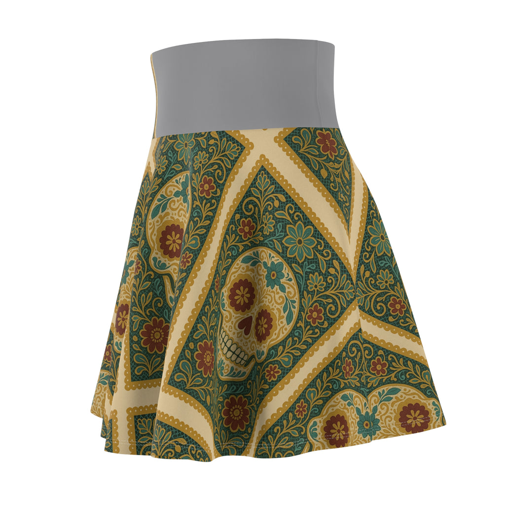 MOSiQ | Day of the Dead Skull Print Skater Skirt, Festival Outfit, Day of the Dead Fashion, Vintage Style Skirt, Unique Summer Clothing, Alternative Fashion