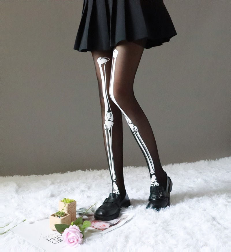 MOSiQ | Day of the Dead Halloween Black Bone Skeleton Pantyhose