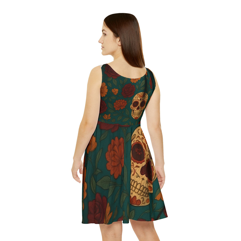 MOSIQ | Day of the Dead Skull Floral Women's Skater Dress, Casual Summer Dress, Boho Style Dress, Festival Outfit, Halloween Dress, AOP Fashion