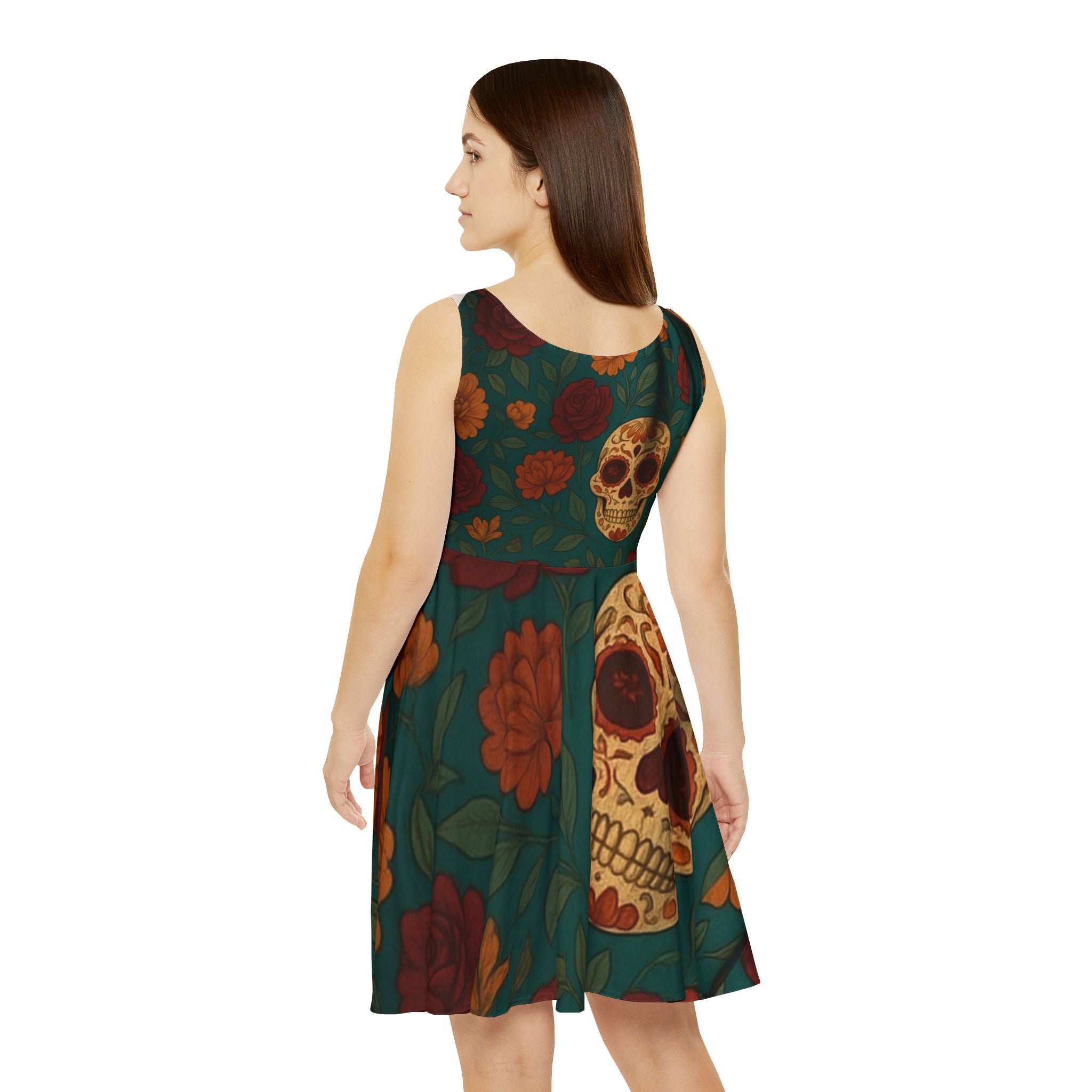 MOSIQ | Day of the Dead Skull Floral Women's Skater Dress, Casual Summer Dress, Boho Style Dress, Festival Outfit, Halloween Dress, AOP Fashion