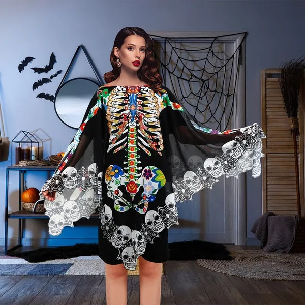 MOSiQ | Day of the Dead  Skeleton Poncho, Lace Skeleton Halloween Costume Poncho Day Of The Dead Poncho For Women