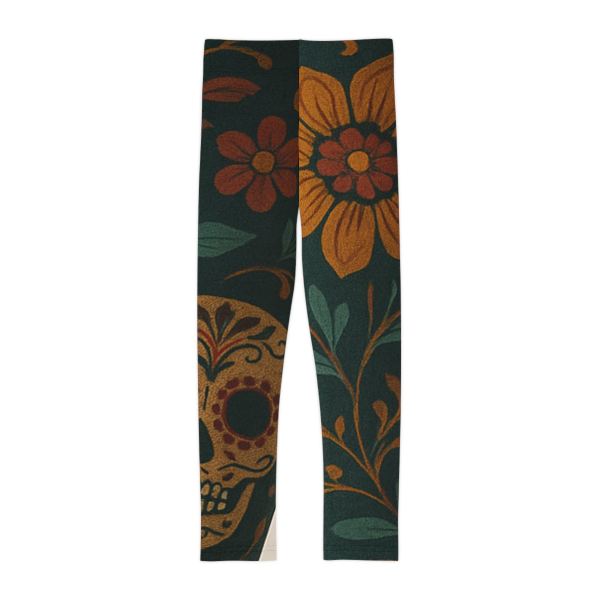 MOSIQ | Day of the Dead Kids Skull Floral Leggings, Fun AOP Tights for Girls, Day of the Dead Apparel, Colorful Gym Wear, Halloween Kids Clothing