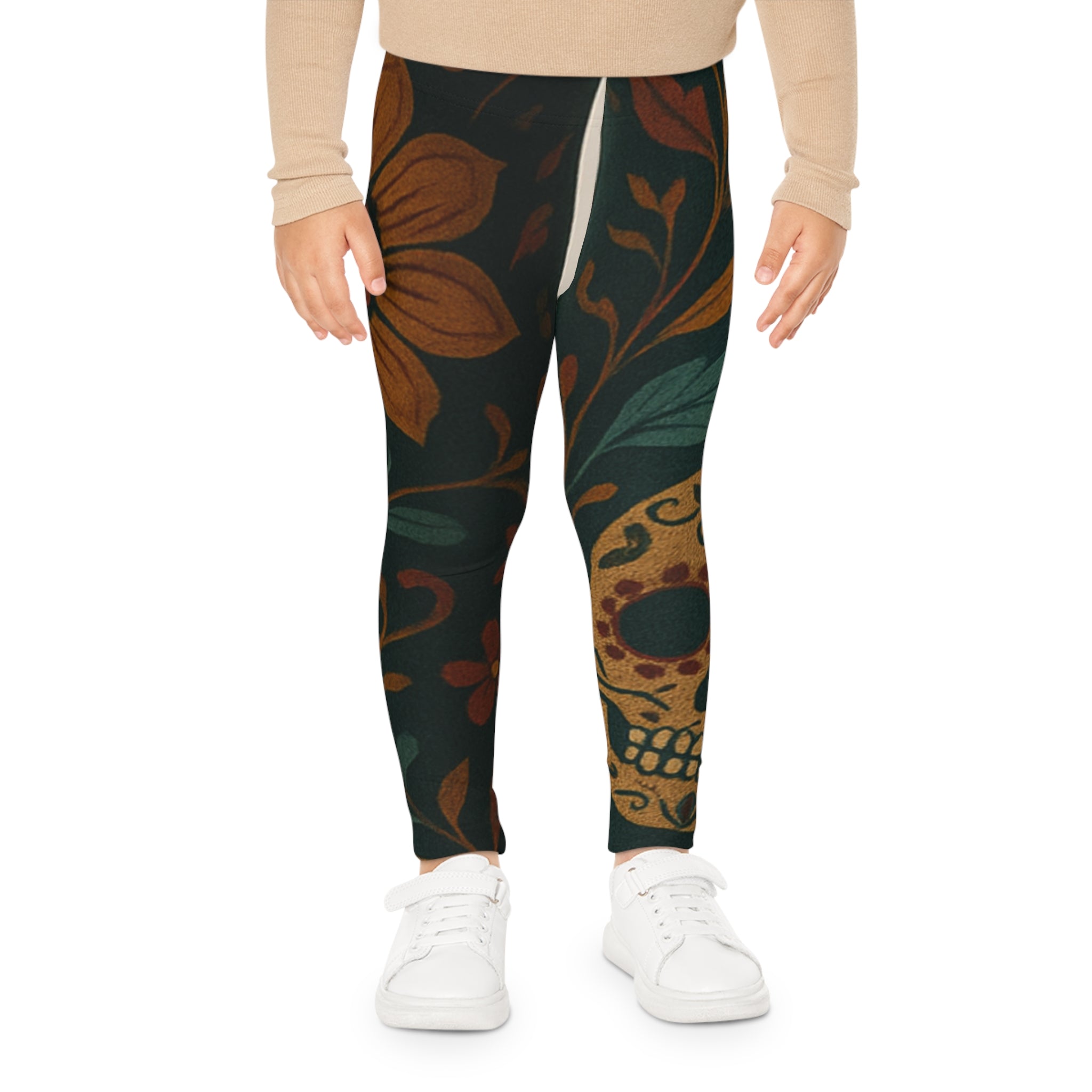 MOSIQ | Day of the Dead Kids Skull Floral Leggings, Fun AOP Tights for Girls, Day of the Dead Apparel, Colorful Gym Wear, Halloween Kids Clothing