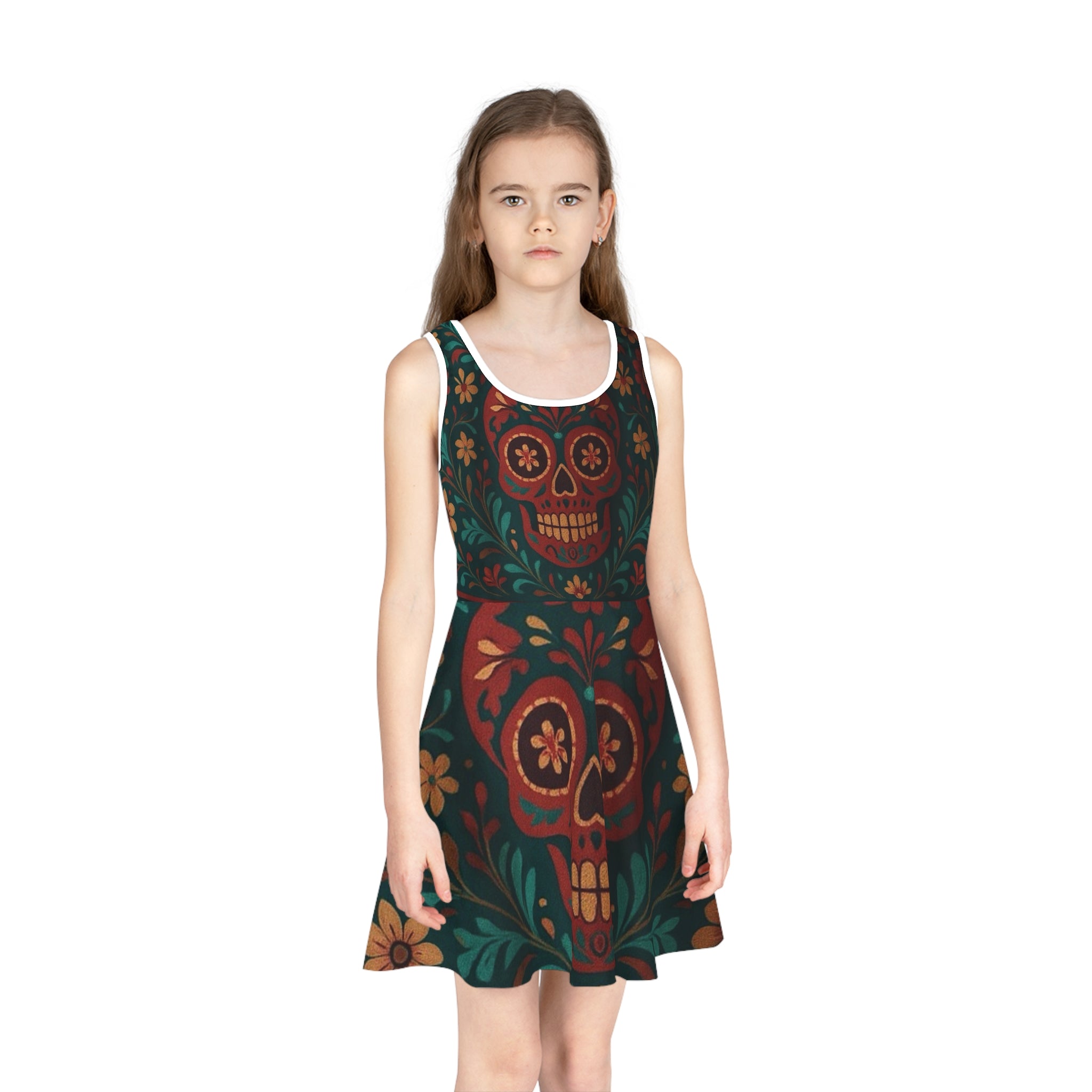 MOSIQ | Day of the Deadd Girls' Sundress, Colorful Skull Dress, Festival Dress, Summer Party Dress, Boho Chic Dress, Perfect for Halloween