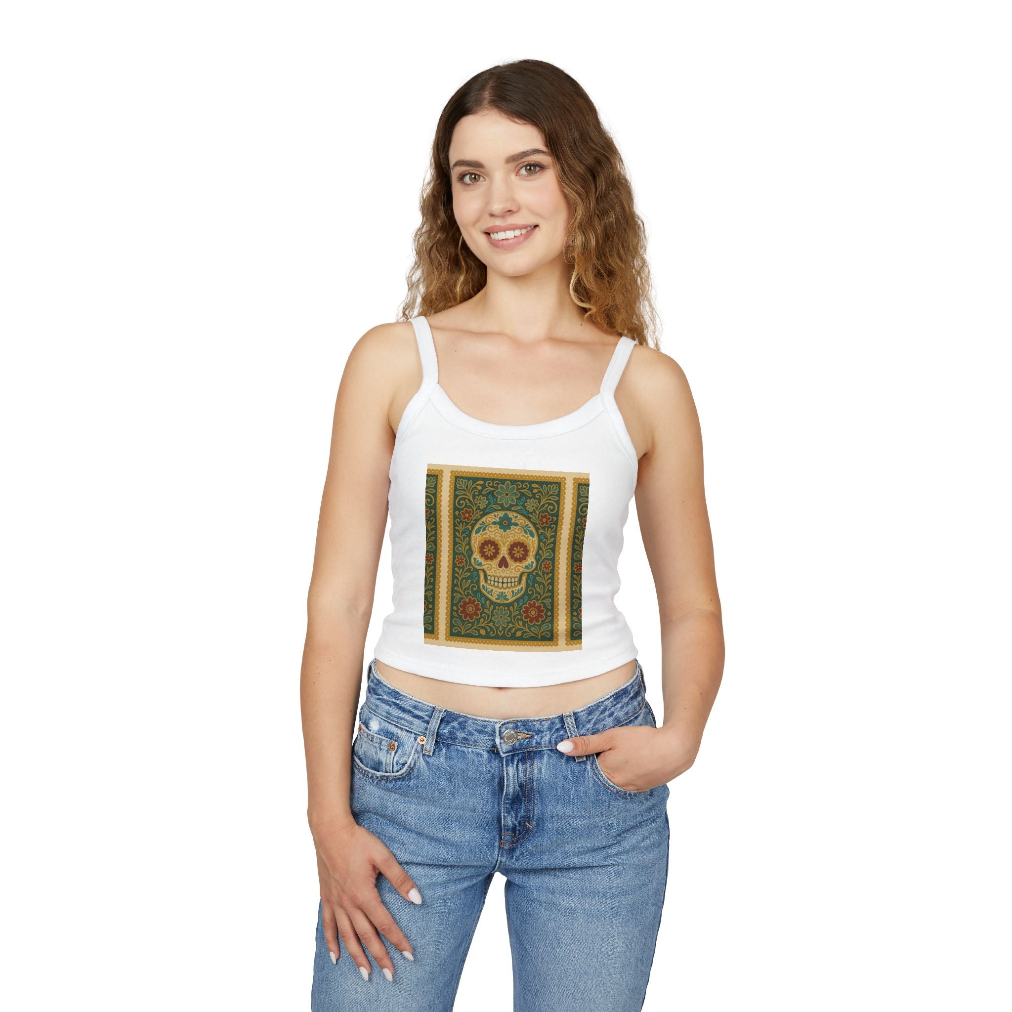 MOSiQ Day of the Dead Skull Tank Top, Women's Spaghetti Strap Top for Festivals, Summer Vibes, Day of the Dead, Casual Wear, Unique Graphic Tee