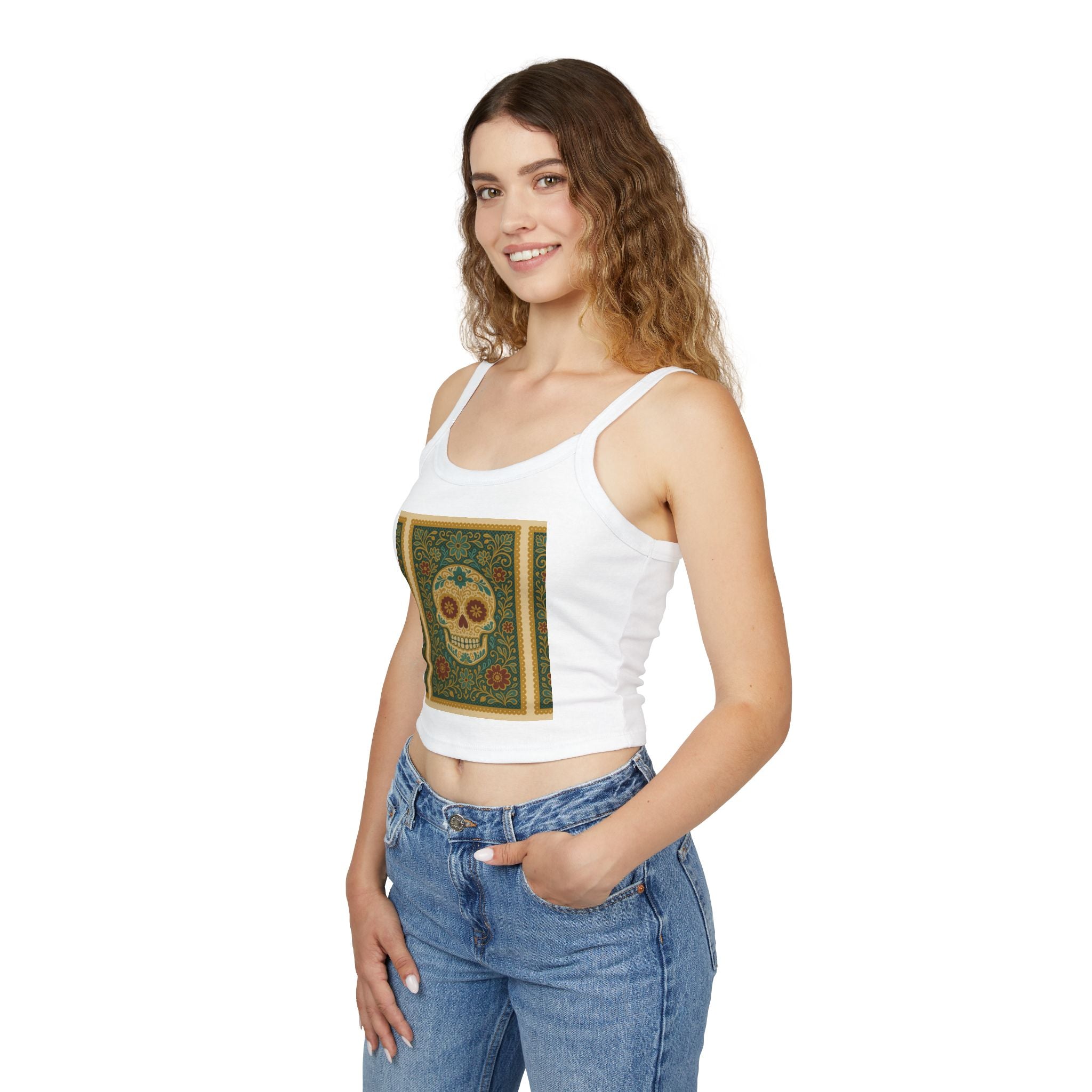 MOSiQ Day of the Dead Skull Tank Top, Women's Spaghetti Strap Top for Festivals, Summer Vibes, Day of the Dead, Casual Wear, Unique Graphic Tee